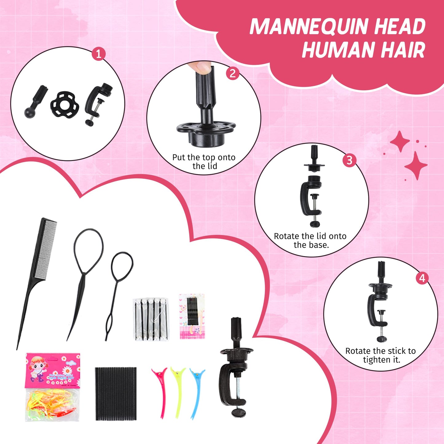 White Smoke Mannequin Head 100% Real Human Hair Training Doll Head for Braiding Styling Cosmetology Practice with Clamp Stand (18 Inch)
