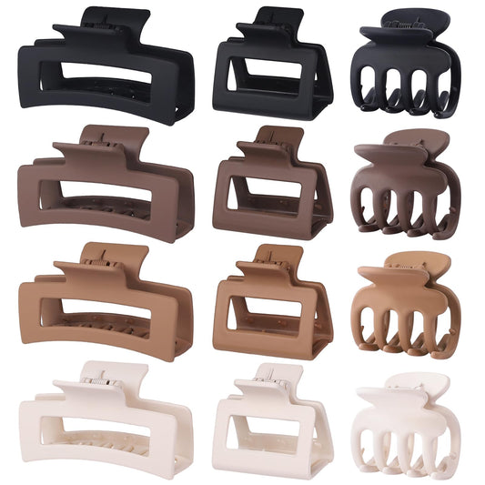 White Smoke SMKSL 12 Pcs Hair Clips for Women 3 Styles Small Medium Large Claw Clips for Thin Thick Curly Hair, Strong Hold & Non-Slip Clips, Stylish Matte Plastic Hair Accessories Ideal Gifts for Women (Brown)
