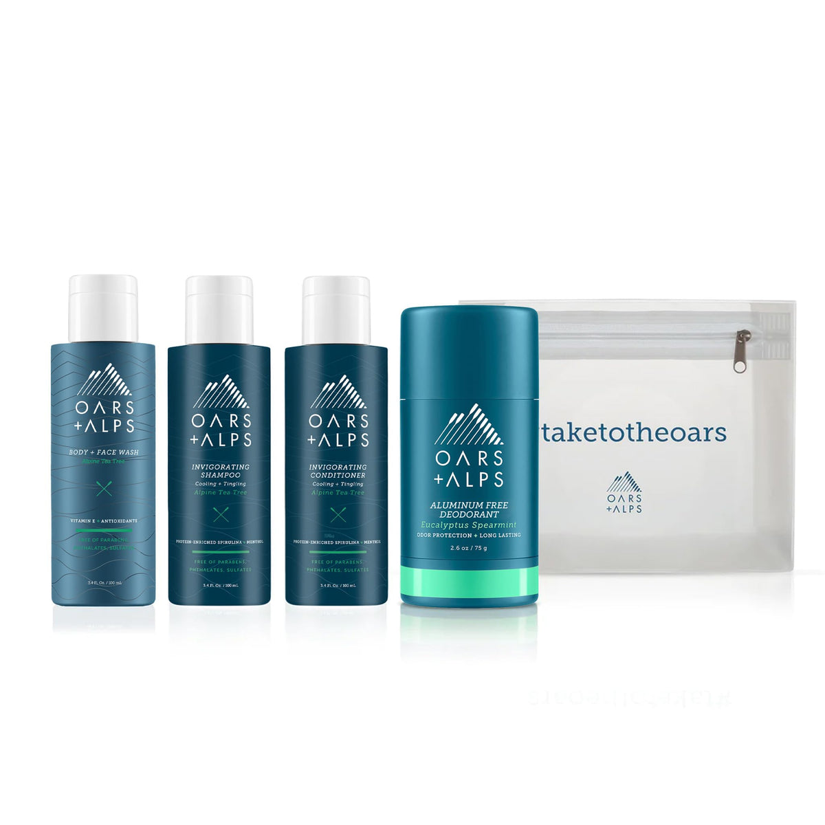 White Smoke Oars + Alps Hair and Body Travel Kit for Men, Includes Sulfate Free Shampoo, Conditioner, Body Wash, Deodorant, and Reusable Pouch, TSA Friendly