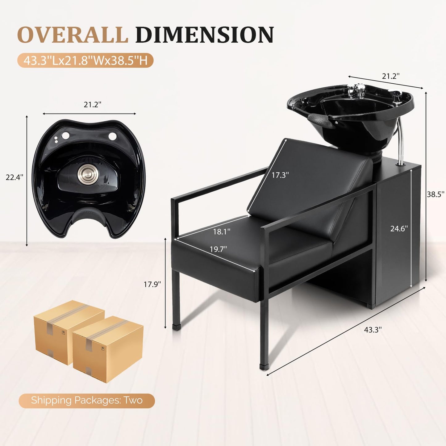 White Smoke OmySalon Salon Shampoo Bowl and Chair, Hair Washing Station w/Tilting Sink & Storage Cabinet, Backwash Barber Chair for Barbershop Beauty Spa Massage Hairdressing