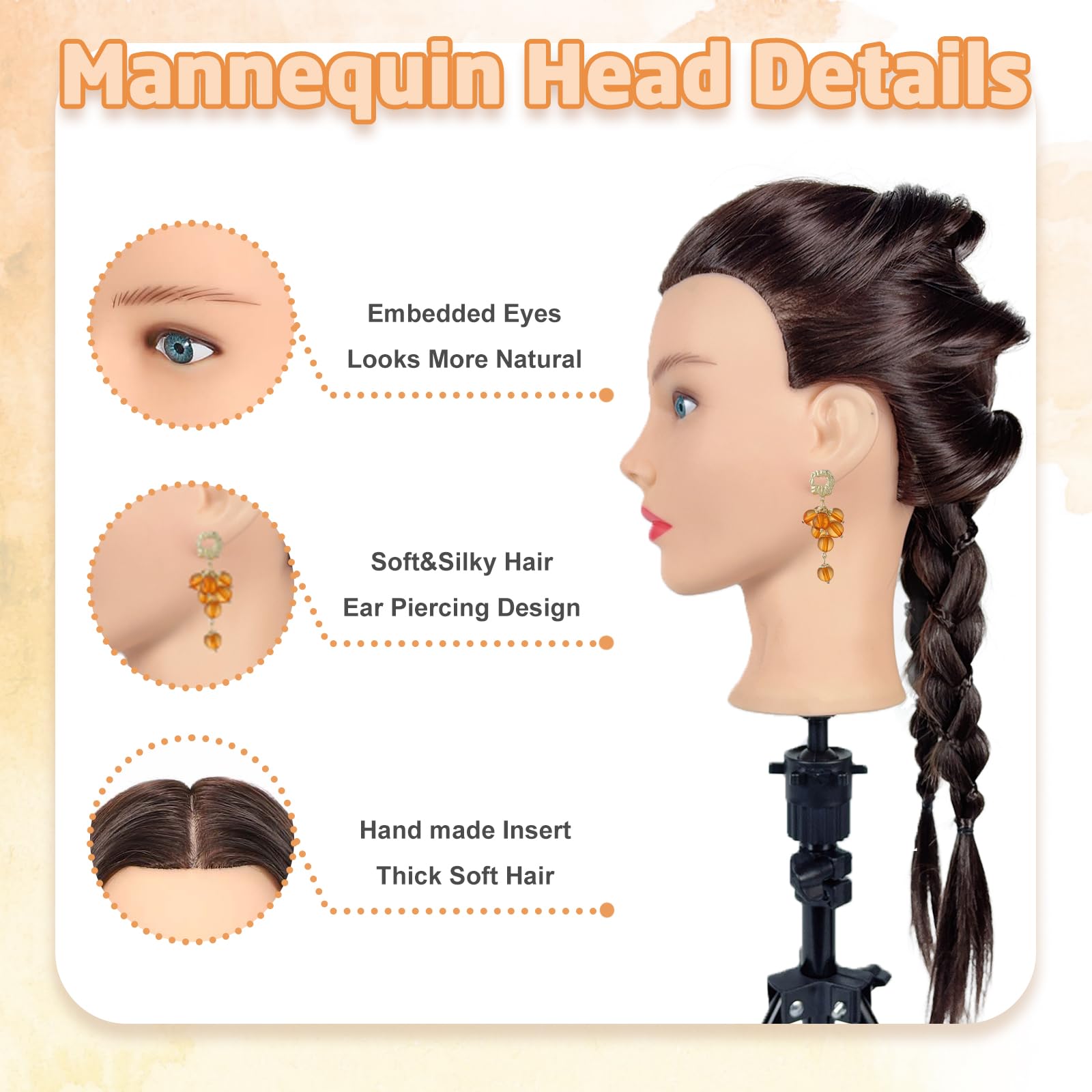 White Smoke Mannequin Head Human Hair- Cosmetology Manikin Doll Head with 80% Real Hair for Hairdresser Practice Styling Braiding & Free Clamp Holder (Black Brown)