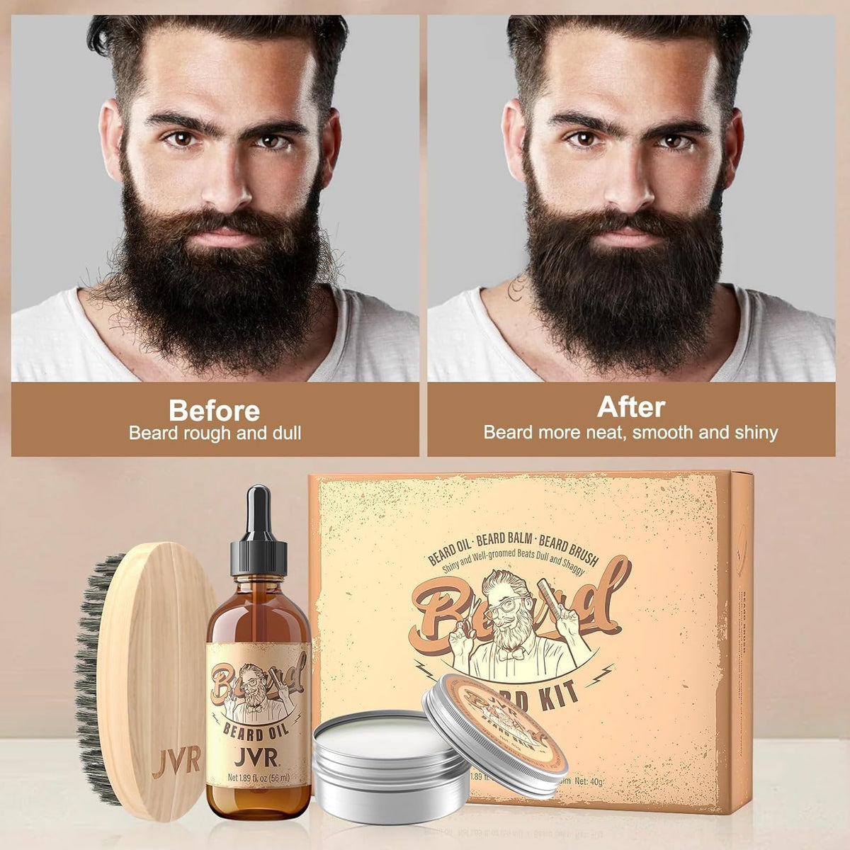 Gray JVR Beard Grooming Kit for Men, Beard Care Kit Includes Oil and Balm,100% Boar Brush Vegan Just for Men Mustache, Perfect Gifts for Him Man Dad Boyfriend