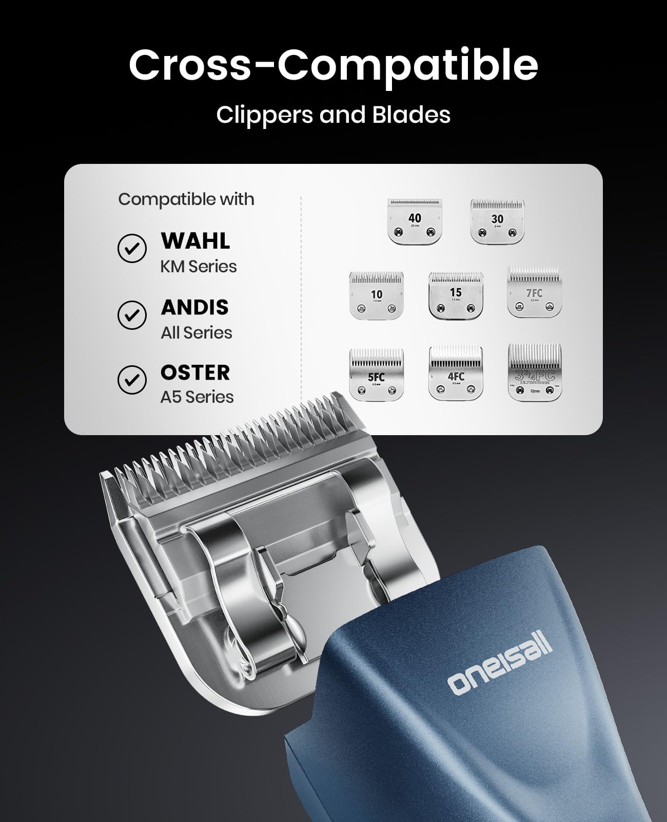 Black oneisall Professional Dog Grooming Clippers, Cordless Professional Dog Clippers for Grooming, 2-Speed Heavy Duty Clippers for Thick Curly Matted Coats, A5 Blade, Detachable Batteries, Metal Combs
