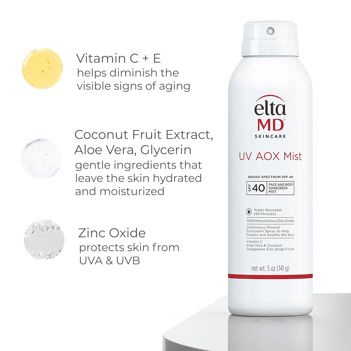 White Smoke EltaMD UV AOX Mist 100% Mineral Sunscreen Spray, SPF 40, 5 oz