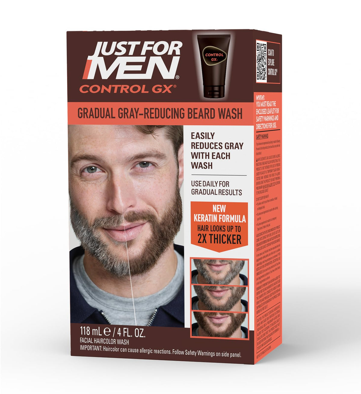 White Smoke Just For Men Control GX Grey Reducing Beard Wash Shampoo, Gradually Colors Mustache and Beard, Leaves Facial Hair Softer and Fuller