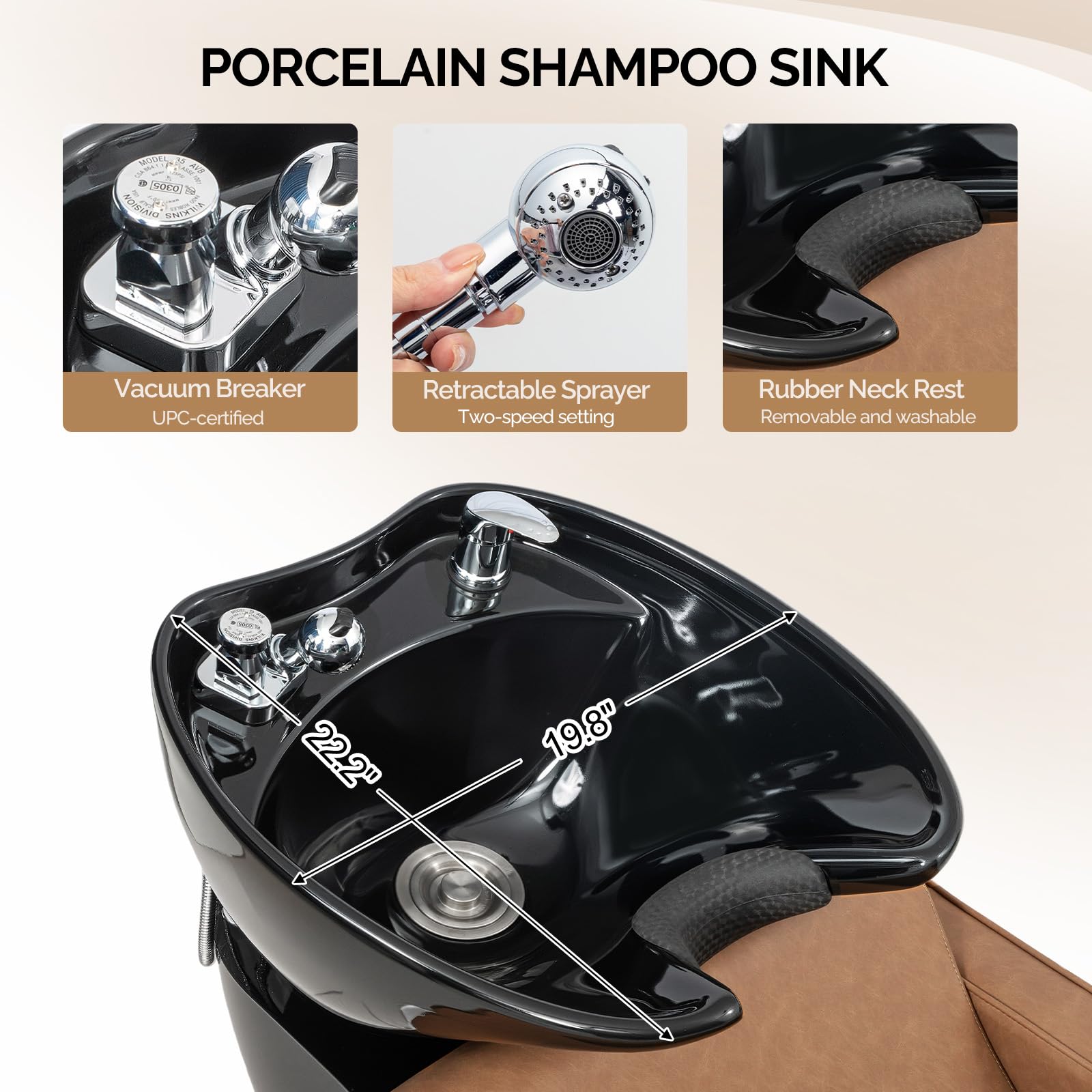 White Smoke OmySalon Backwash Shampoo Unit for Salon, Hair Washing Station with Ceramic Bowl Adjustable Footrest, Reclining Shampoo Chair for Beauty Spa Barbershop