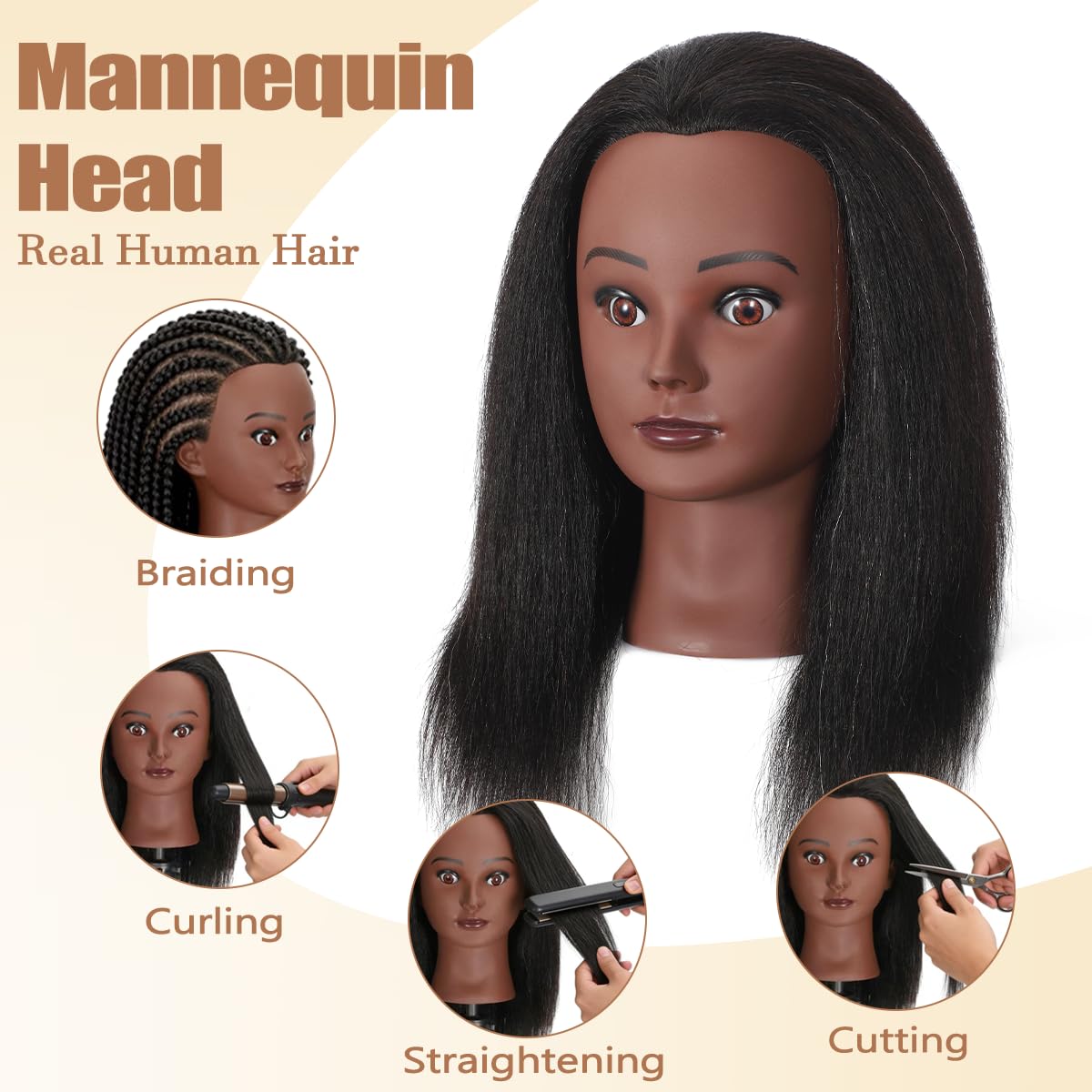 White Smoke Mannequin Head with 100% Real Human Hair, Cosmetology Training Head for Hair Styling Braiding Cutting Curling, Professional Hairdresser Practice Manikin Head with Free Clamp (A01-Black-16)
