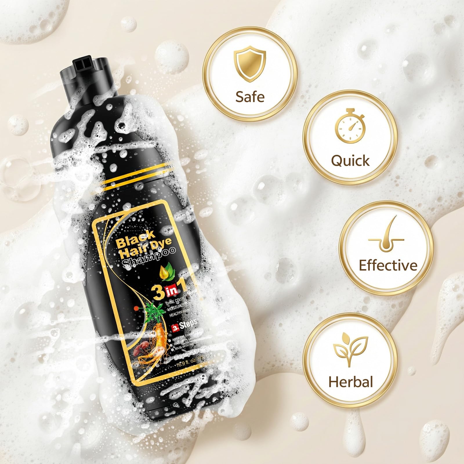 Antique White JUANCHI Black Hair Dye Shampoo 3 in1, Black Shampoo Hair Dye for Gray Coverage, Natural Hair Color for Women Men, Herbal Formula, Ammonia-free