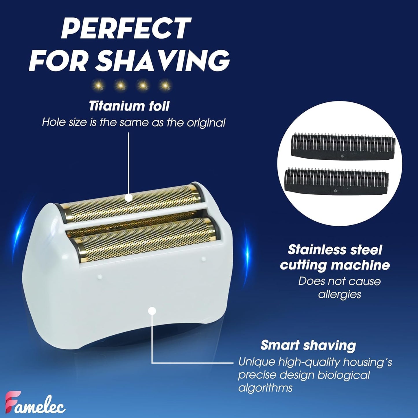 Midnight Blue FAMELEC Pro Foil and Cutters for Andis Foil Shaver Models TS1 17150 17235 17220 TS2 17200, Razor Blades & Gold Foil Shaver Blades Compatible with Andis Shaver Foil Replacement #17155 17160 17280