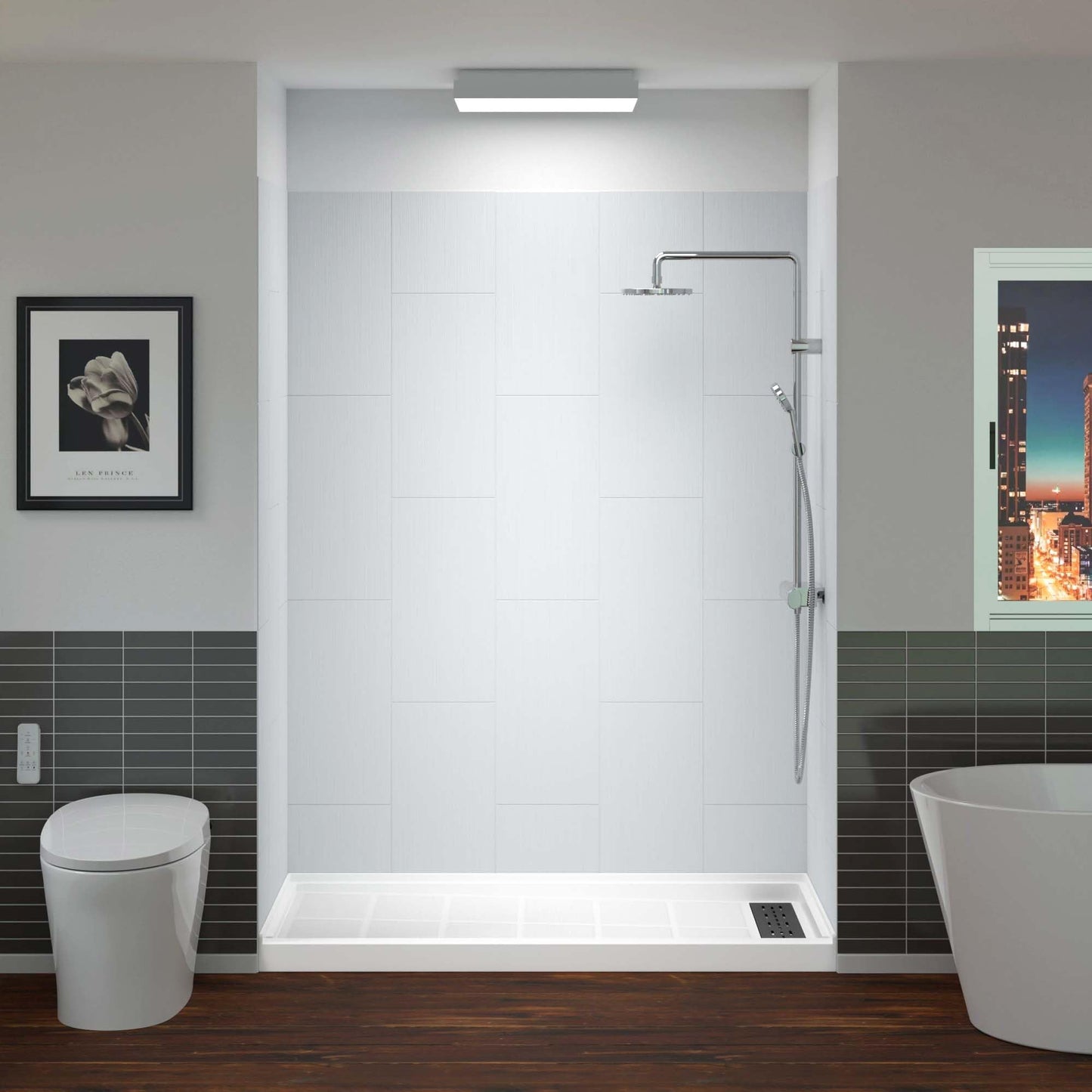 Lavender WOODBRIDGE 60 L x 36 W x 75 H Alcove Solid Surface Shower Combo Kits with Glue Up Shower Walls in Matte White and Single Threshold Shower Base in White with Right Drain and Black Cover