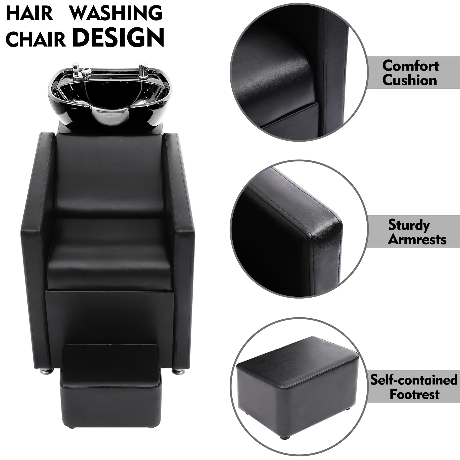 White Smoke KIGOTY Shampoo Backwash Unit, Shampoo Bowl and Chair Set with Ceramic Sink, Reclining Shampoo Station with Footrest, Backwash Barber Chair for Salon Spa, Black