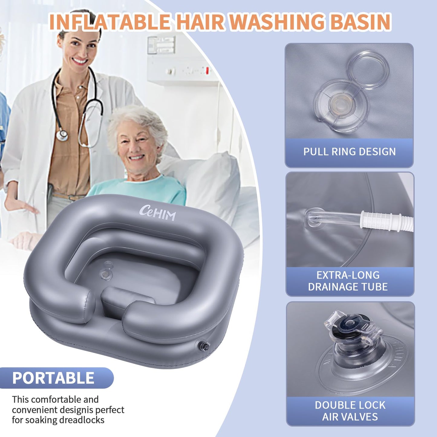 White Smoke Cehim Inflatable Shampoo Basin - Portable Shampoo Bowl, Hair Washing Basin for Bedridden, Disabled,Injured, Hair Wash Tub for Dreadlocks and at Home Sink Washing