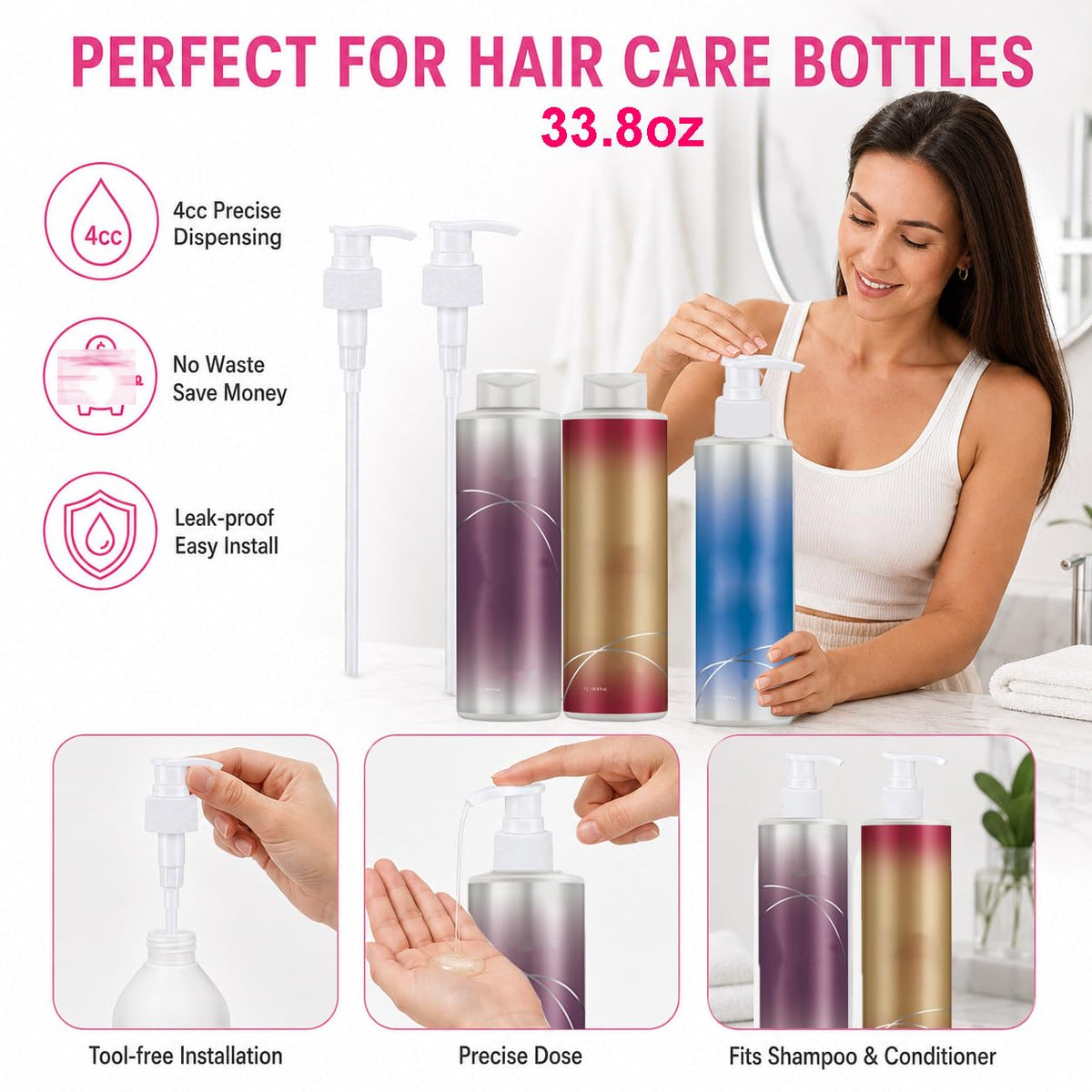 White Smoke 2 Pack Pump for Joico Shampoo and Conditioner 1 L / 33.8 Fl Oz Bottle, Liter Pump for Joico Shampoo Purple Clear Twist Lock Dispenser Pumps