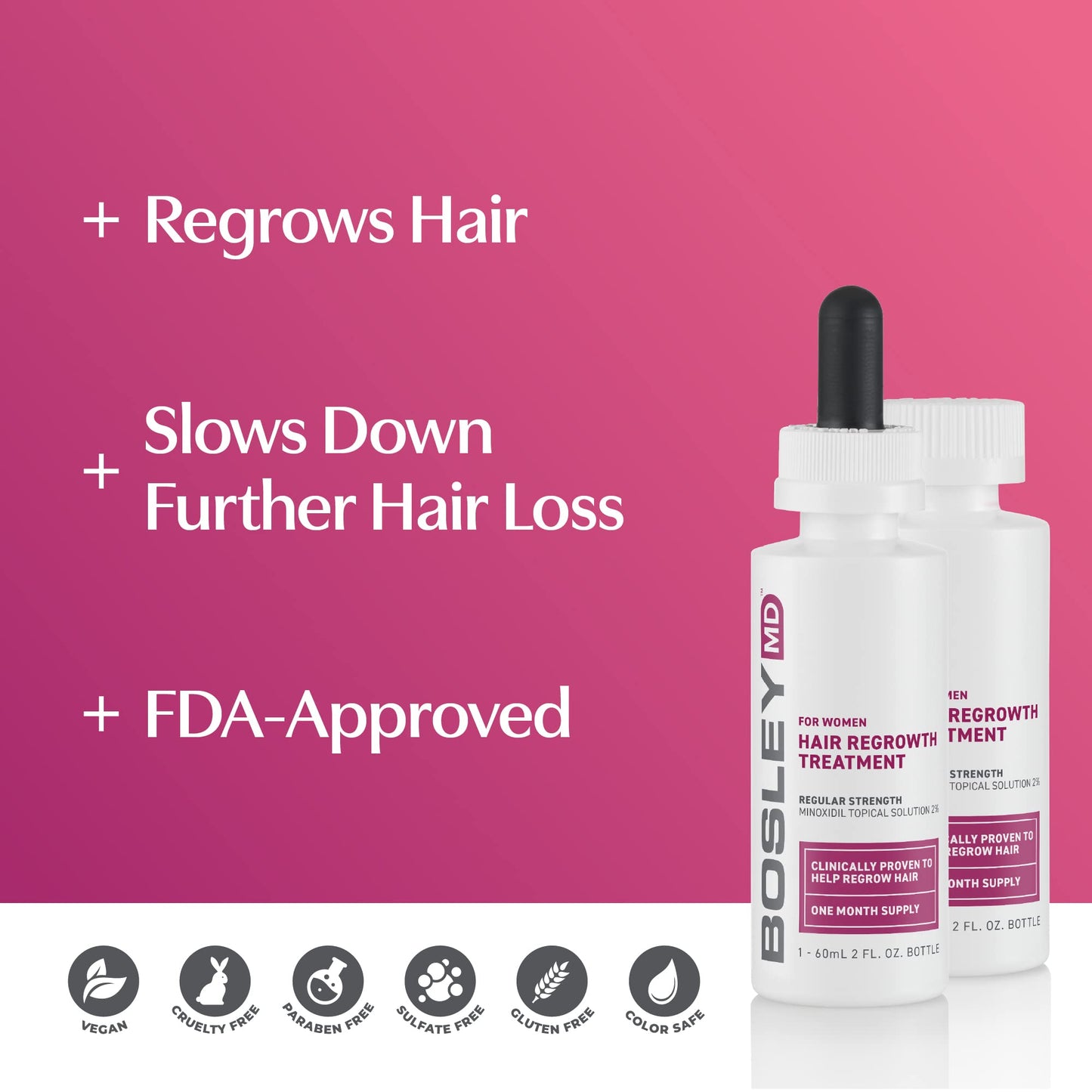 Maroon BosleyMD Minoxidil 2% Hair Regrowth Treatment for Women, Clinically Proven Hair Growth Solution for Thinning Hair & Female Pattern Hair Loss - Topical Scalp Treatment – 2 x 2 Fl Oz (2 Month Supply)