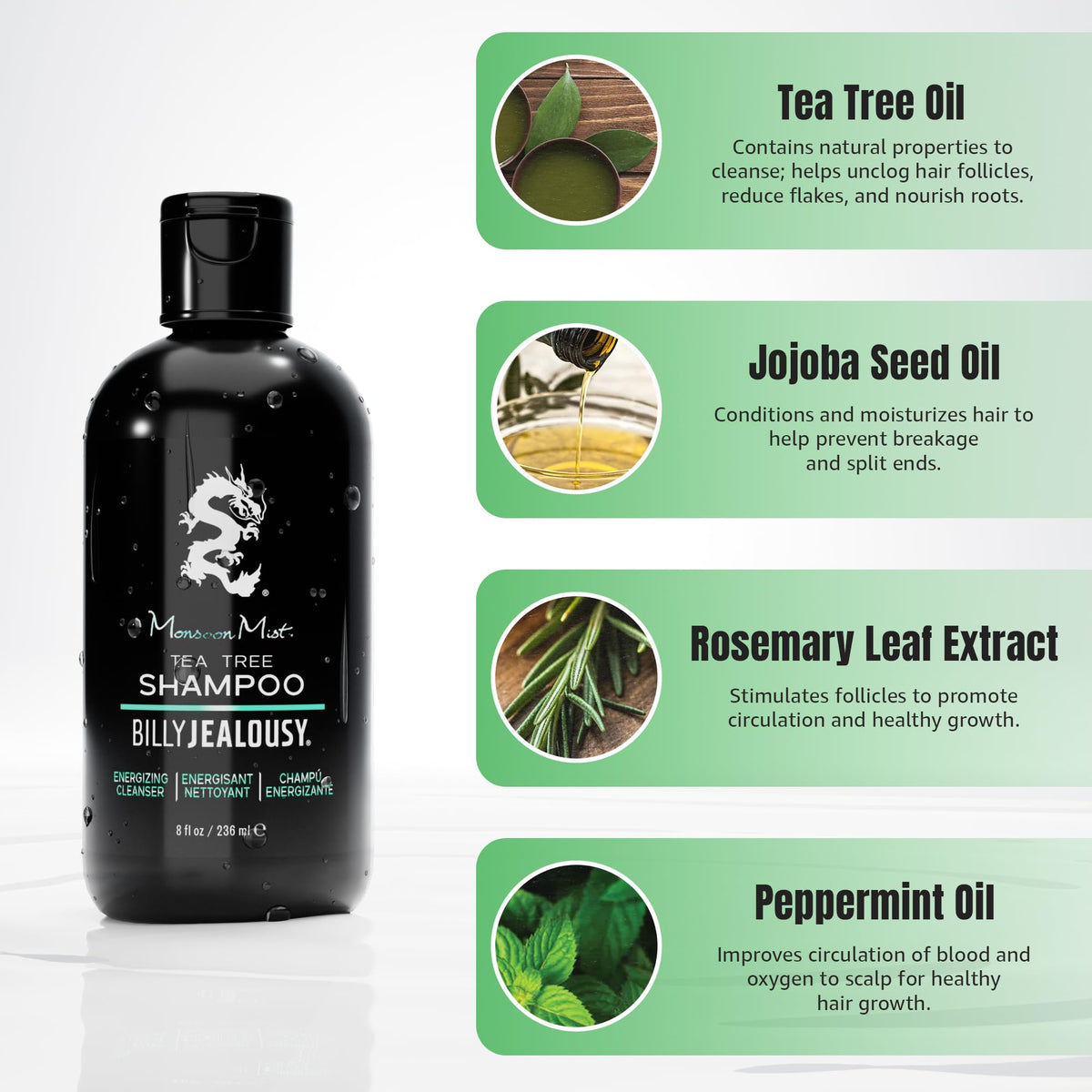 White Smoke Billy Jealousy Monsoon Mist Tea Tree Energizing Men's Shampoo with Peppermint & Rosemary, Removes Oil Build-up and Soothes Scalp Itch & Irritation, 8 Oz.