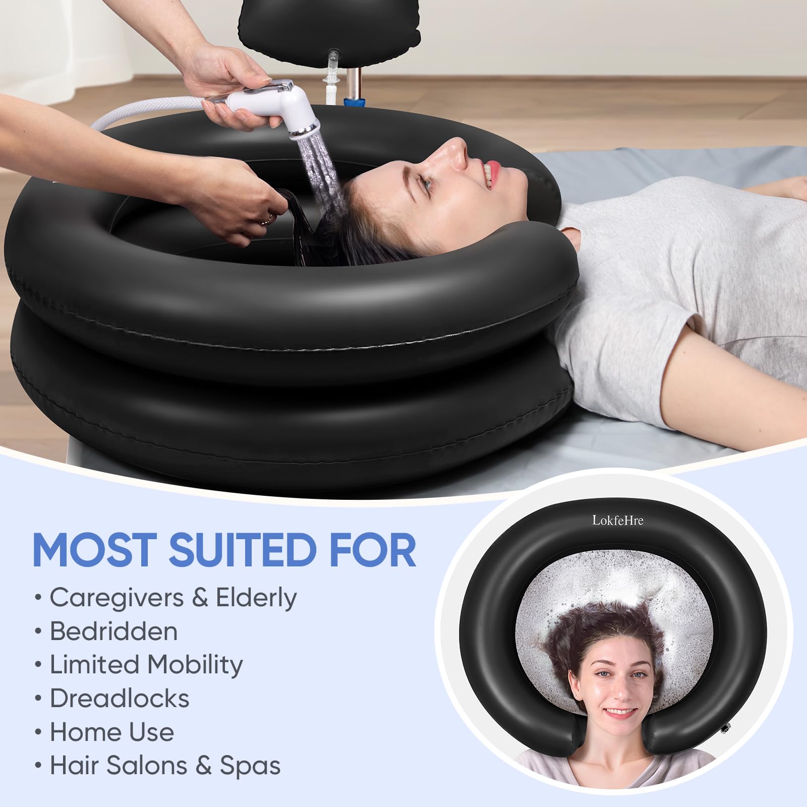 Lavender Black Inflatable Shampoo Basin, Stain Resistant Ergonomic Neck Support Hair Washing Bowl for Bedridden Elderly Disabled, Portable Leakproof PVC Sink with Drain Hose for Home Care Locs Detox