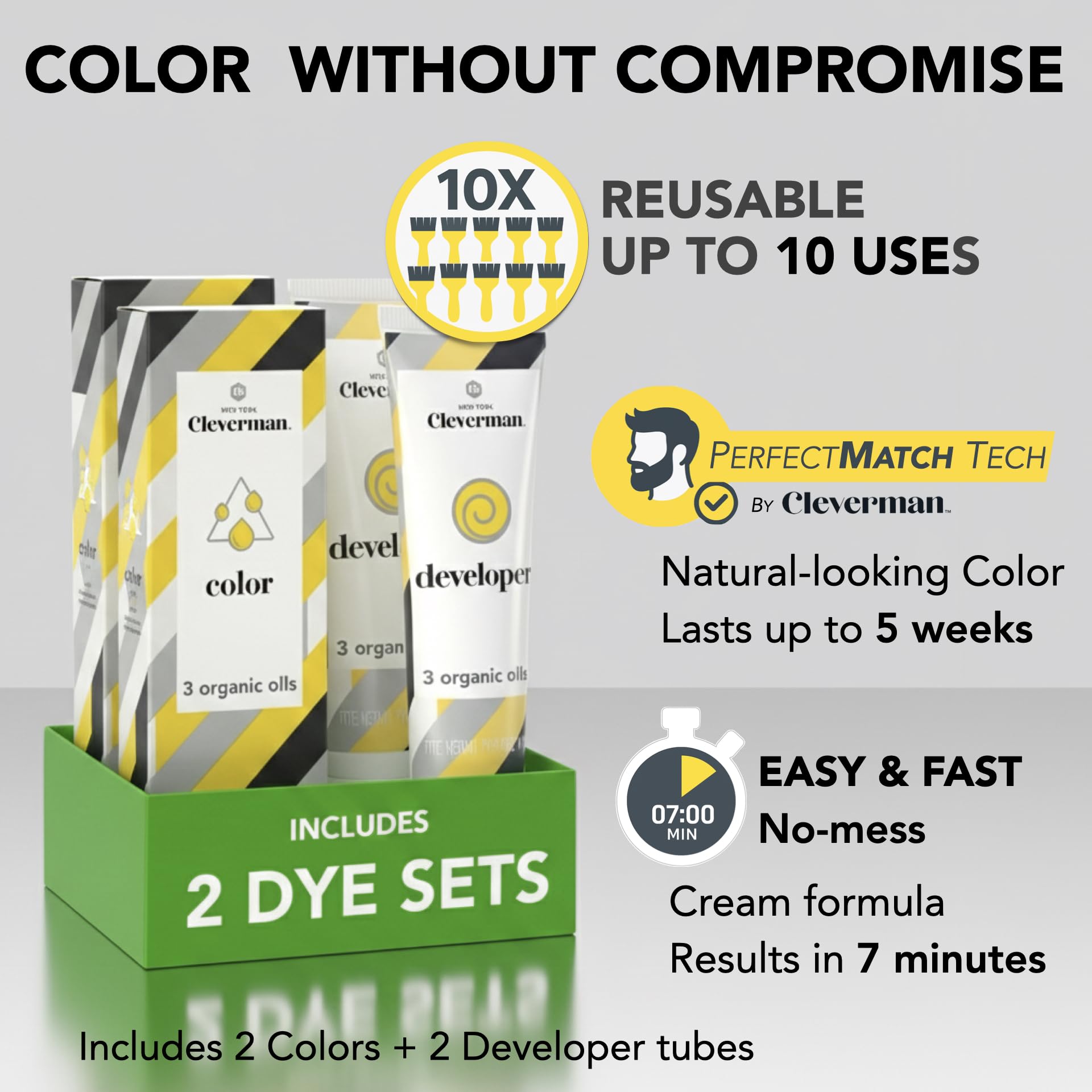 Light Gray Reusable Hair & Beard Dye for Men – Lightest Blond | Up to 5 Uses, 7 Minutes | Natural Gray Coverage, No-Drip Cream with SkinArmour® – Cleverman