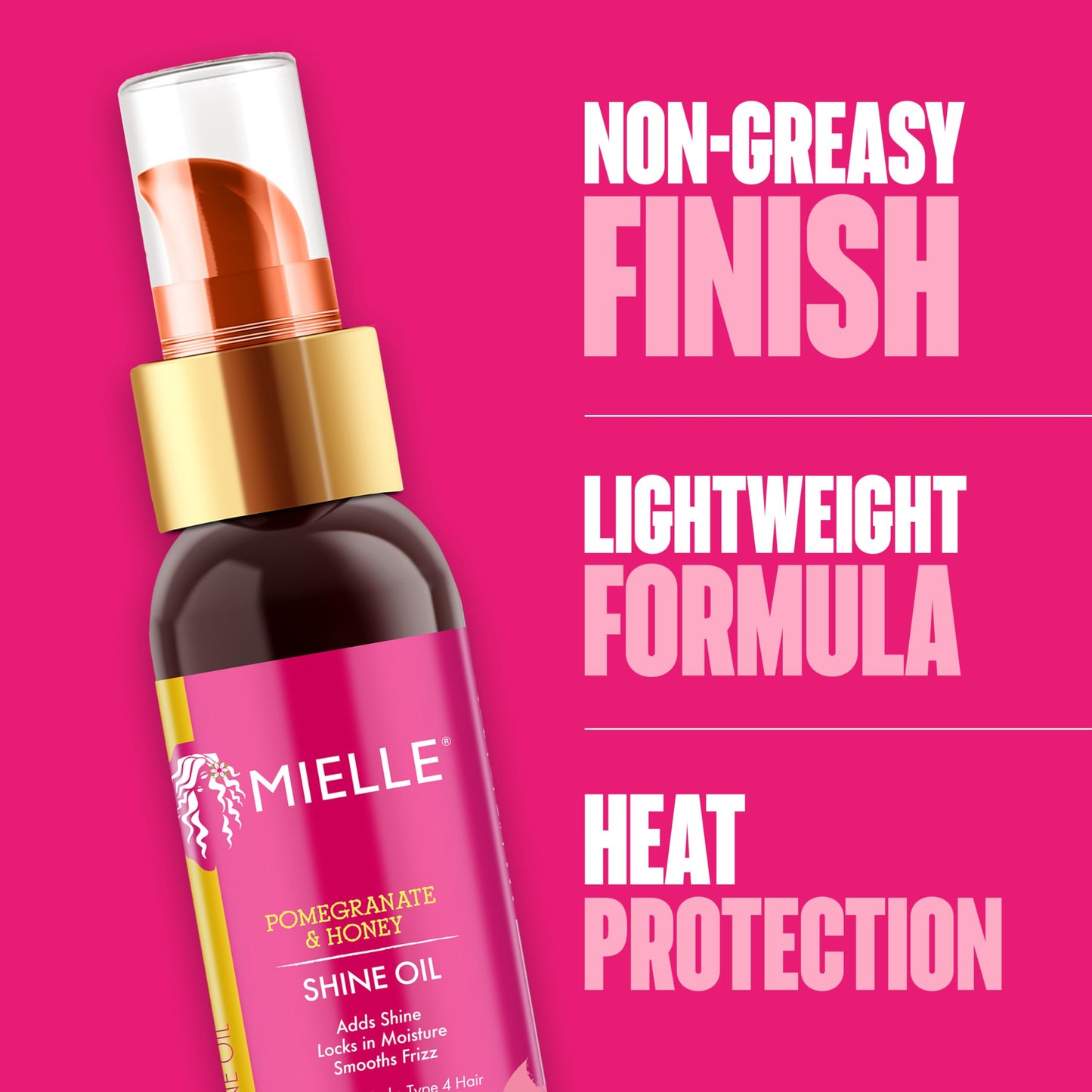 Violet Red Mielle Organics Pomegranate & Honey Shine Oil, Lightweight Hair Oil for Curly & Coily Hair, Adds Shine, Locks in Moisture, Smooths Frizz, Heat Protection, Non-Greasy Finish, Type 4 Hair, 4 fl oz