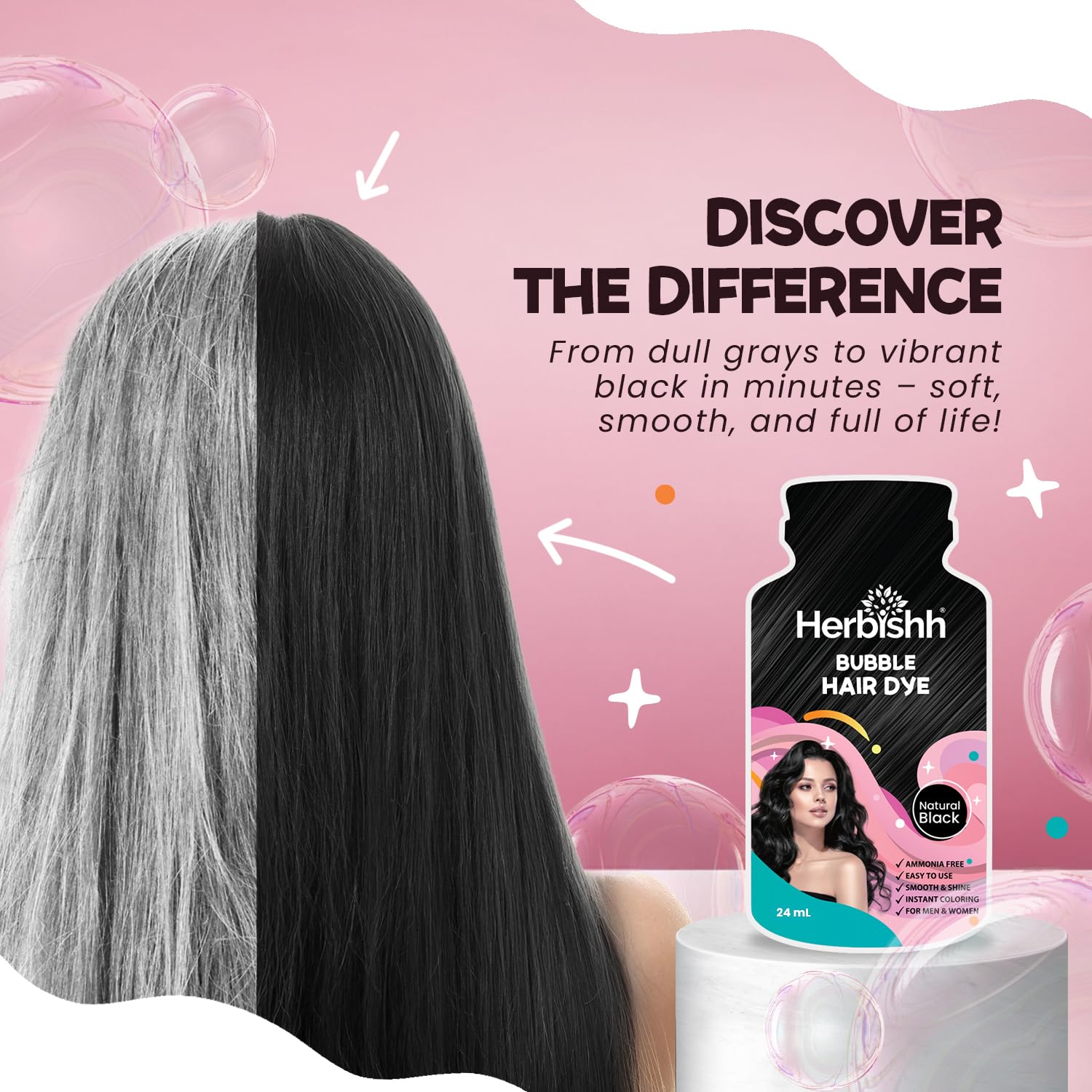 Thistle Herbishh Bubble Foam Hair Dye Shampoo, 3 in 1 Dye for 100% Grey Coverage, Permanent & Instant Hair Coloring for Men & Women, Long-lasting & Travel-friendly, Ammonia-free, 10 Sachet x 24 ml (Black)