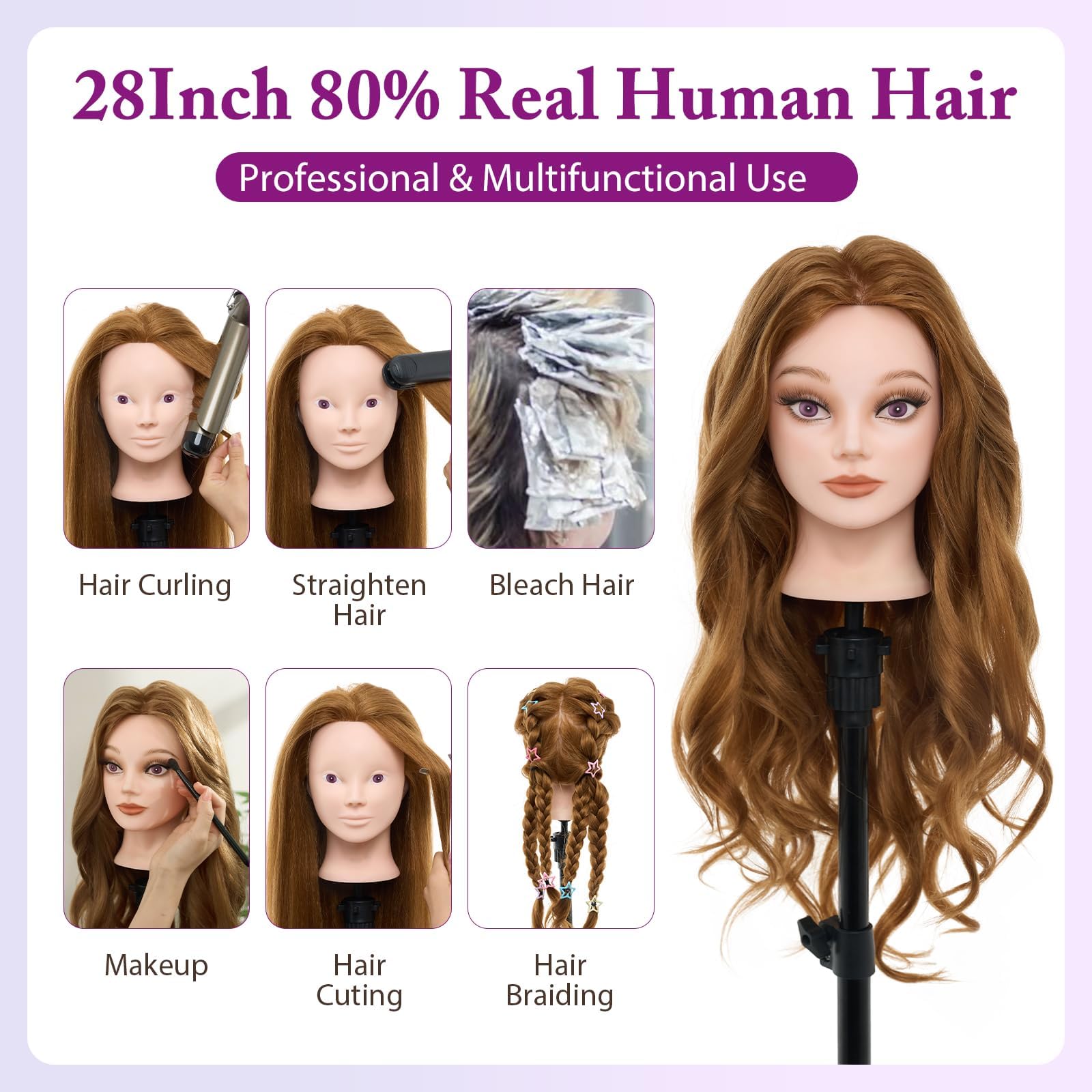 White Smoke Mannequin Head 80% Human Hair - 28" Makeup Manikin Doll Head for Hair Styling, Hairdressing Training Practice Braiding for Cosmetology Students, Professionals & Practice Exams