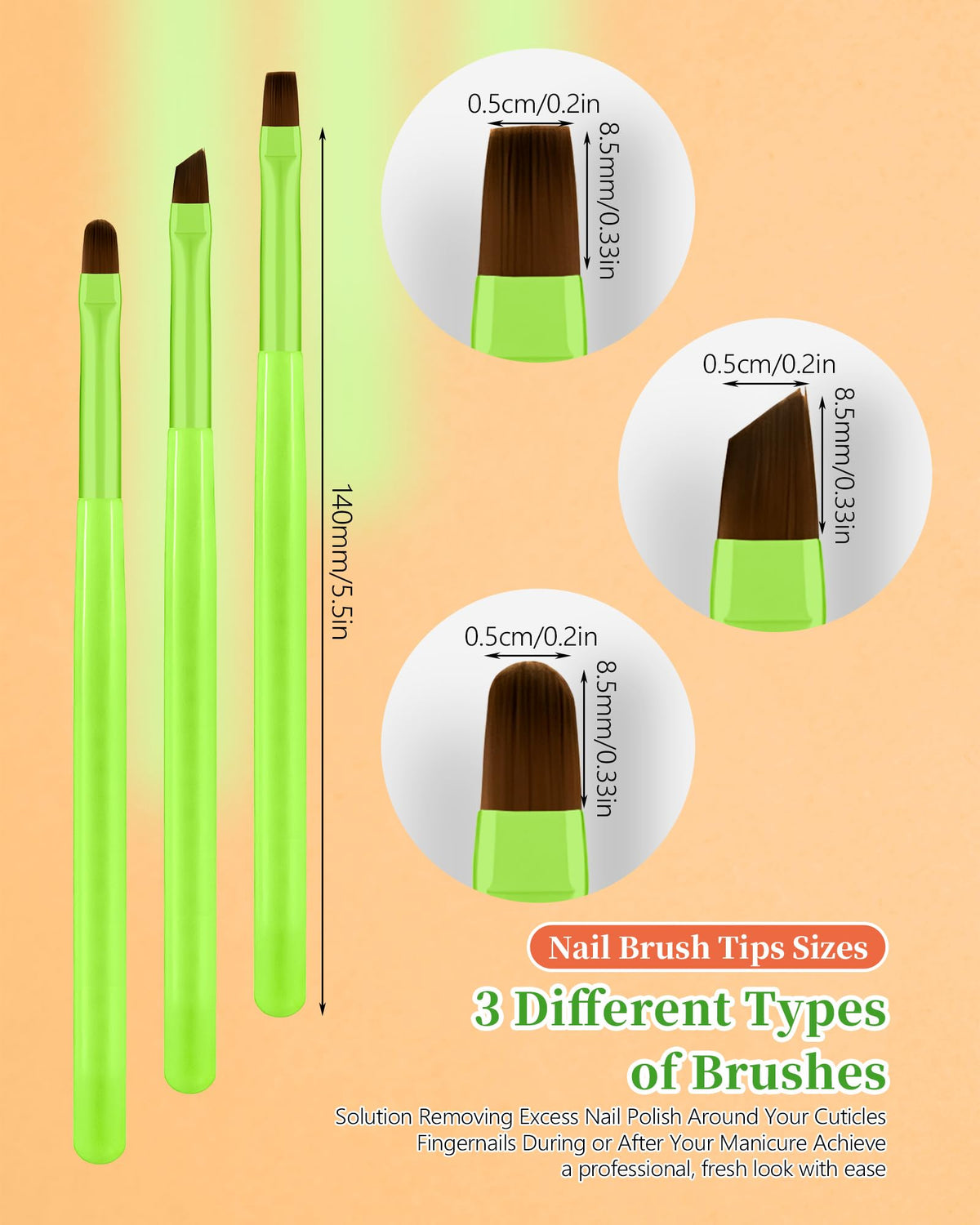 Navajo White 3PCS Nail Polish Clean Up Brush, Round&Falt&Angled Acetone Resistant Nail Brush for OPI Nail Polish Remover, Fingernail Cleaning Brushes at Home Nail Art and Designs(Bright Green)