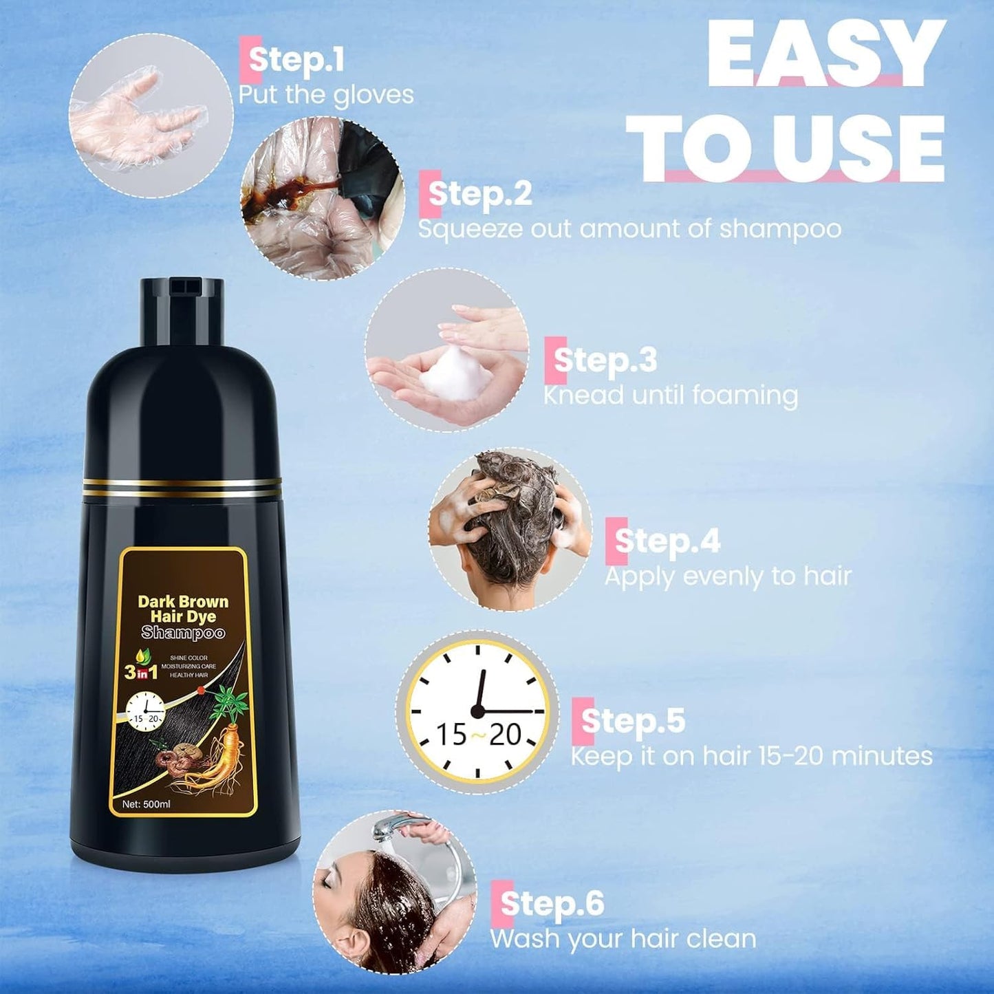 Light Gray IIIMEIDU Hair Dye Shampoo for Gray Hair, 3 in 1 Herbal Ingredients Natural Dye for Women Men, Grey Coverage 500ml Chestnut Brown 1