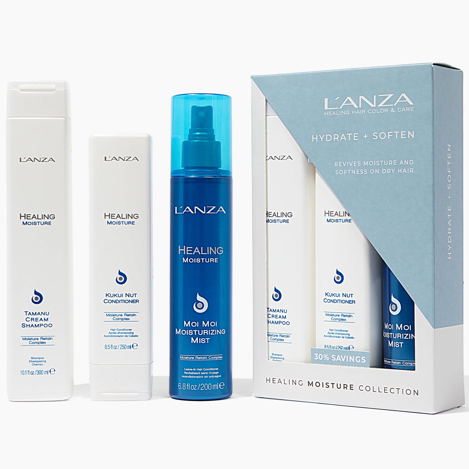 Lavender L'ANZA Healing Moisture Trio Hair Kit, Tamanu Cream Shampoo, Kukui Nut Conditioner & Moi Moi Moisturizing Mist Hairspray in a Gift Box, Luxury Hair Care Kit (10.1/8.5/6.8 Fl Oz)