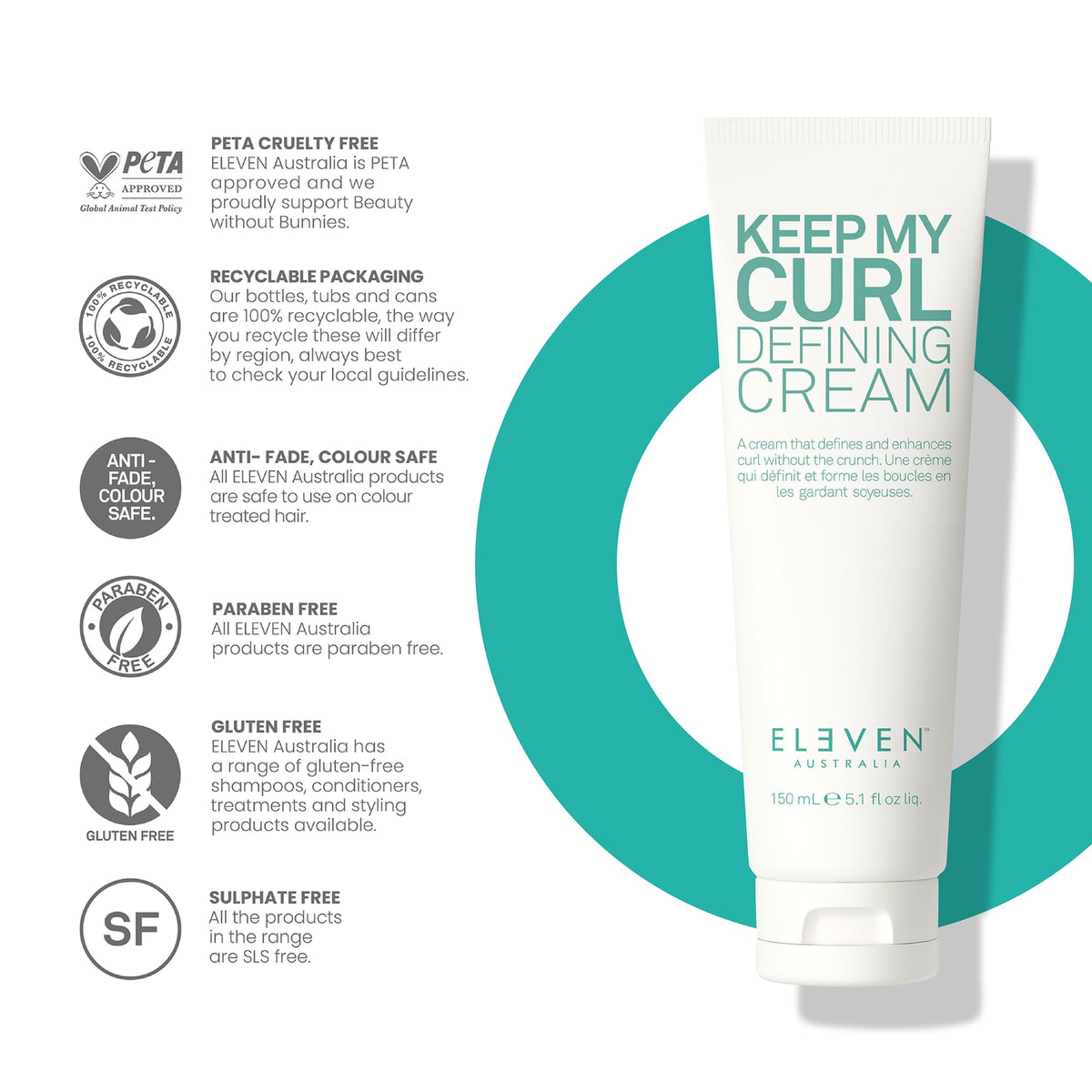 White Smoke ELEVEN AUSTRALIA Keep My Curl Defining Cream, For Wavy Hair - 5.1 Fl Oz