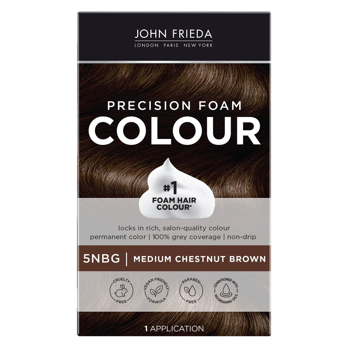 Black John Frieda Precision Foam Colour, Medium Chestnut Brown 5NBG, Full-coverage Hair Color Kit, Anti-Fade Gray Coverage, Deep Color Saturation Hair Dye, 1 Application