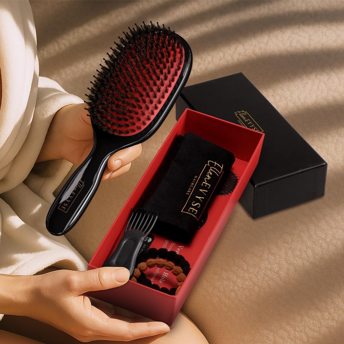 Black Ellen Evyse Boar Bristle Hair Brush, Nylon Pins and Soft Boar Bristles for Smoothing, Detangling, Reducing Breakage and Enhancing Shine, Hairbrush for Women,Men