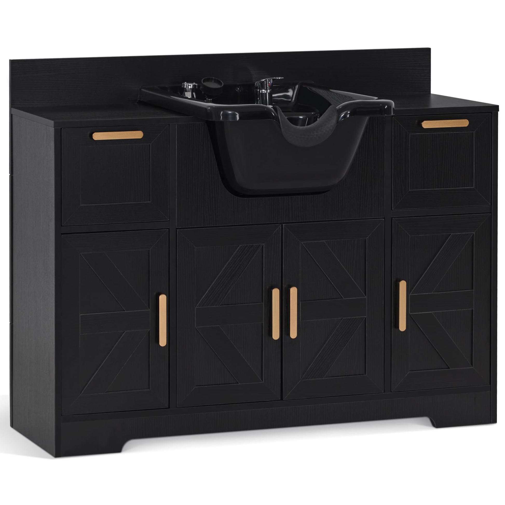 Dark Slate Gray BarberPub Portable Shampoo Station, Shampoo Bowl with Cabinet & Drawer, Salon Geometric Finish Station with Sprayer Faucet, Barber Storage Equipment with Hair Wash Backwash Sink 3439 (Black)