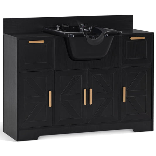 Dark Slate Gray BarberPub Portable Shampoo Station, Shampoo Bowl with Cabinet & Drawer, Salon Geometric Finish Station with Sprayer Faucet, Barber Storage Equipment with Hair Wash Backwash Sink 3439 (Black)