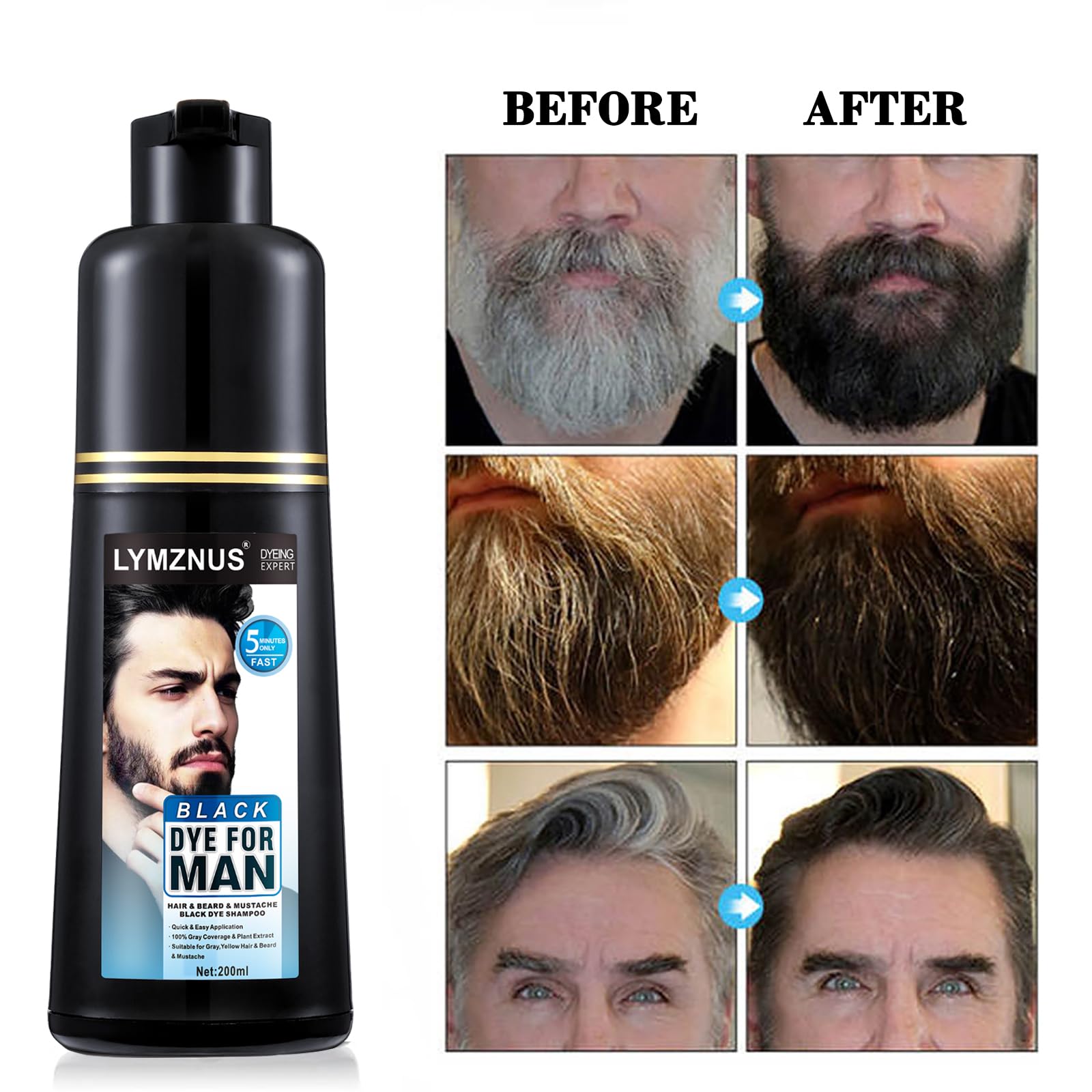 White Smoke Men's Mustache & Beard Dye for Gray Hair Coverage - Natural Black Color in 5 Minutes, Easy Application Shampoo for Facial Hair 200ml