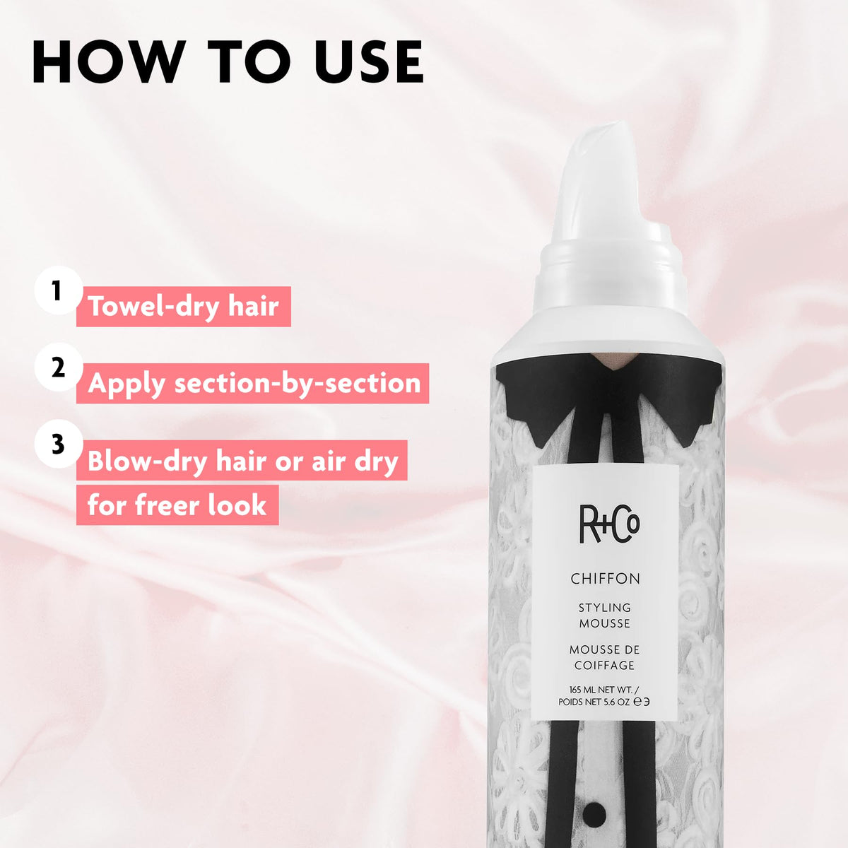 Misty Rose R+Co CHIFFON Styling Mousse, 5.6 oz/165 mL, Serious Gaze Scent