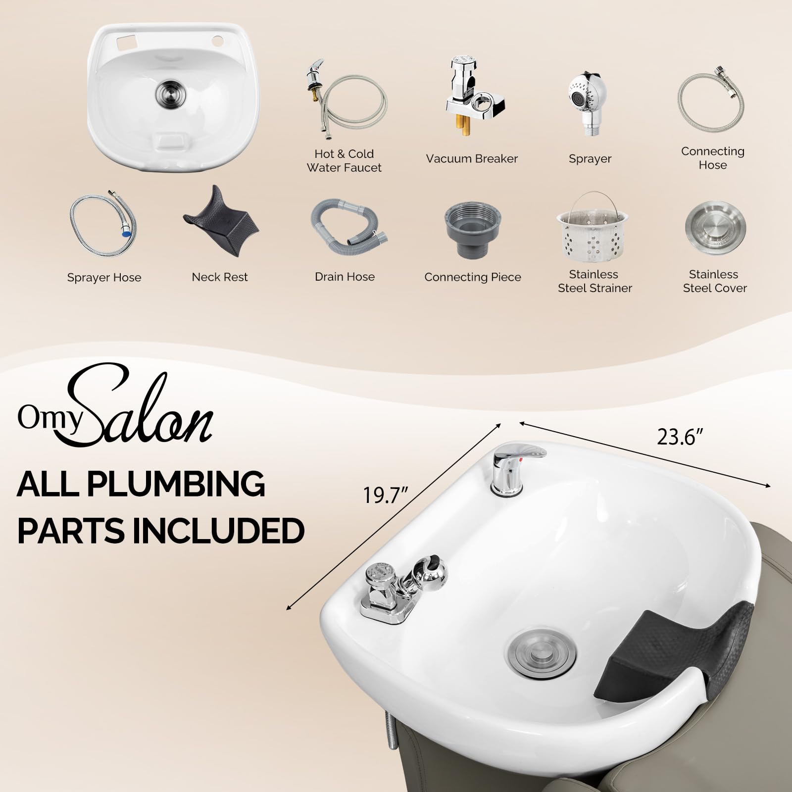 Light Gray OmySalon Shampoo Backwash Unit with White Porcelain Bowl, Salon Sink Hair Wash Chair Shampoo Station, Barbershop Beauty Spa Massage Hairdressing Equipment