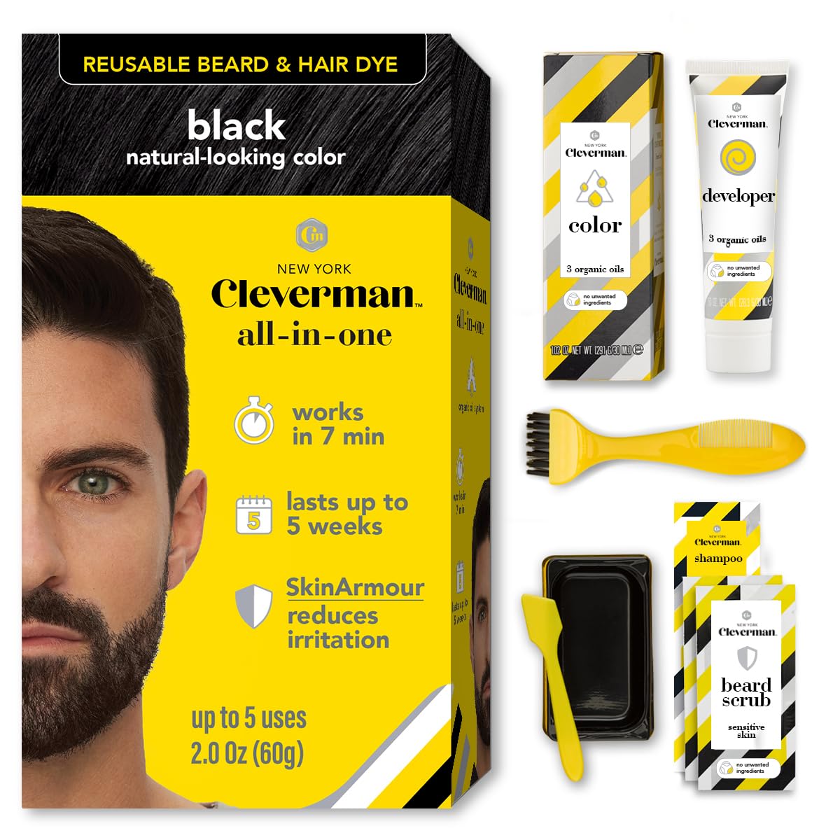 White Smoke Reusable Hair & Beard Dye for Men – Black 1.0 | Up to 5 Uses, 7 Minutes | Natural Gray Coverage, No-Drip Cream with SkinArmour – Cleverman