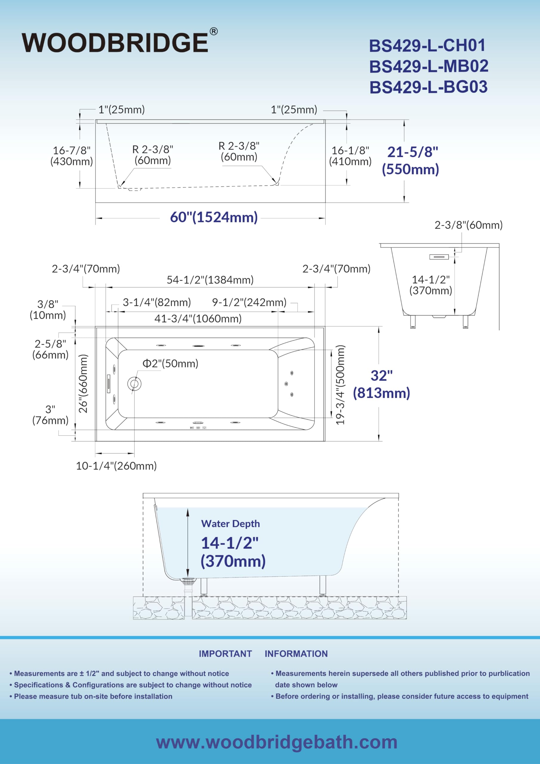 White Smoke WOODBRIDGE 60" x 32" Alcove Acrylic Rectangular Whirlpool Heated Jetted Tub in White with Left Drain, Polished Chrome Finish Trim and Drain Kit Included, BS429-L-CH01