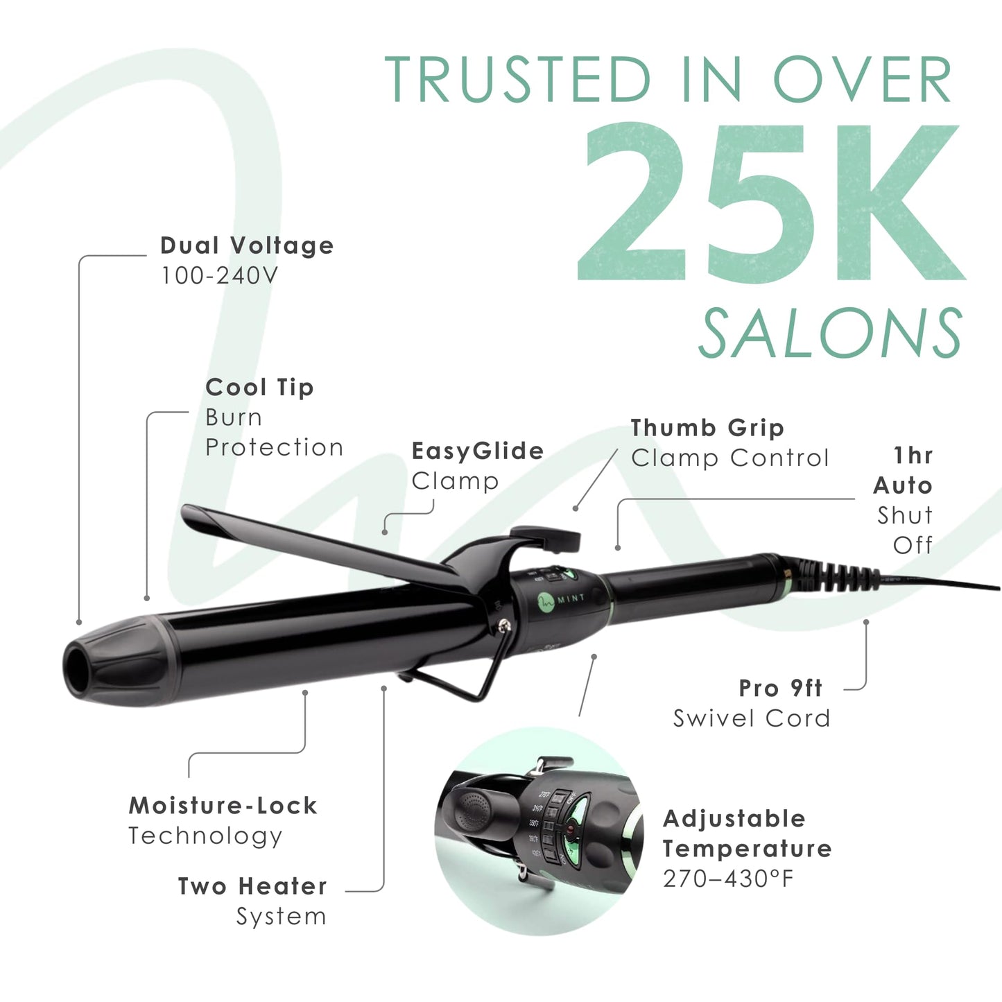 White Smoke MINT Professional Extra Long Hair Curling Iron 1 1/2 inch | 2-Heater Ceramic Barrel that Stays Hot | 1.5 Inch Hair Iron Curler for Beach Waves | Travel-Ready International Dual Voltage