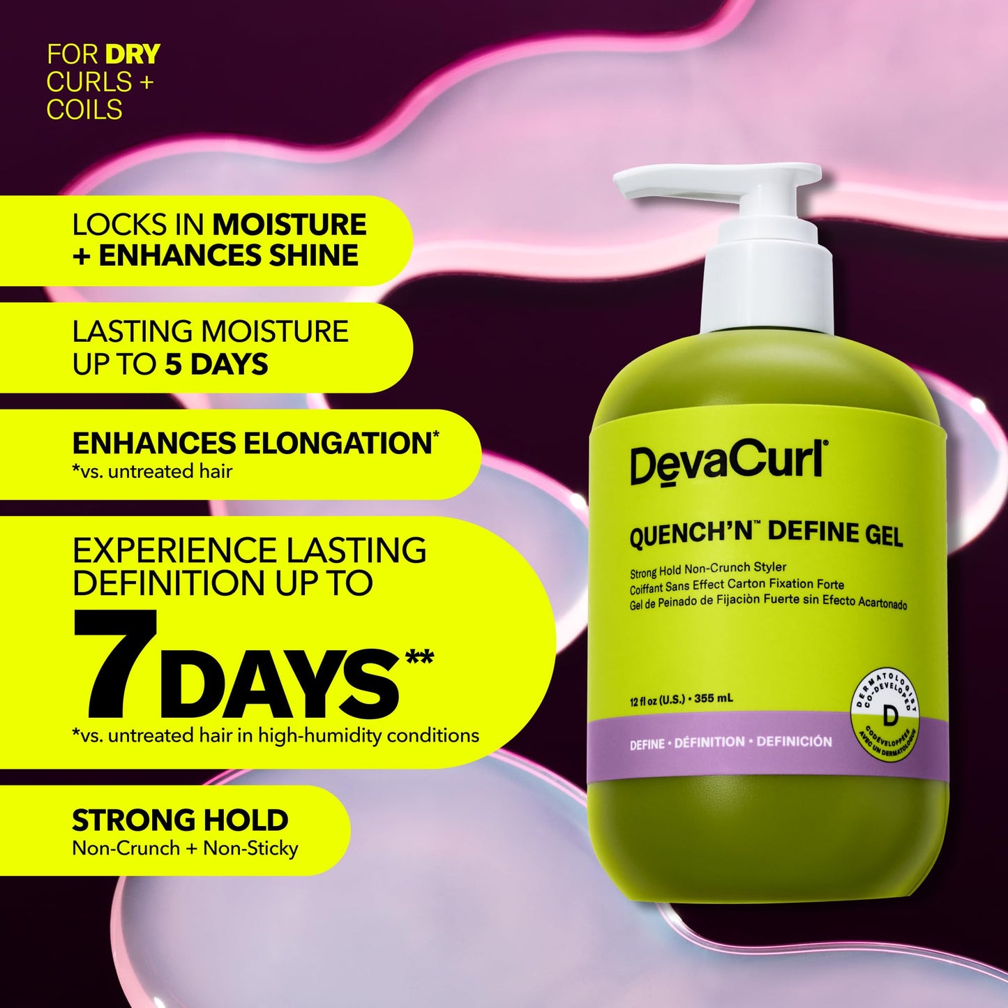 Thistle DevaCurl Quench'n Define Gel Strong Hold Non-Crunch Styler, 12 Oz | Lasts up to 7 Days | Locks & Moisturizes Curls | Enhances Shine