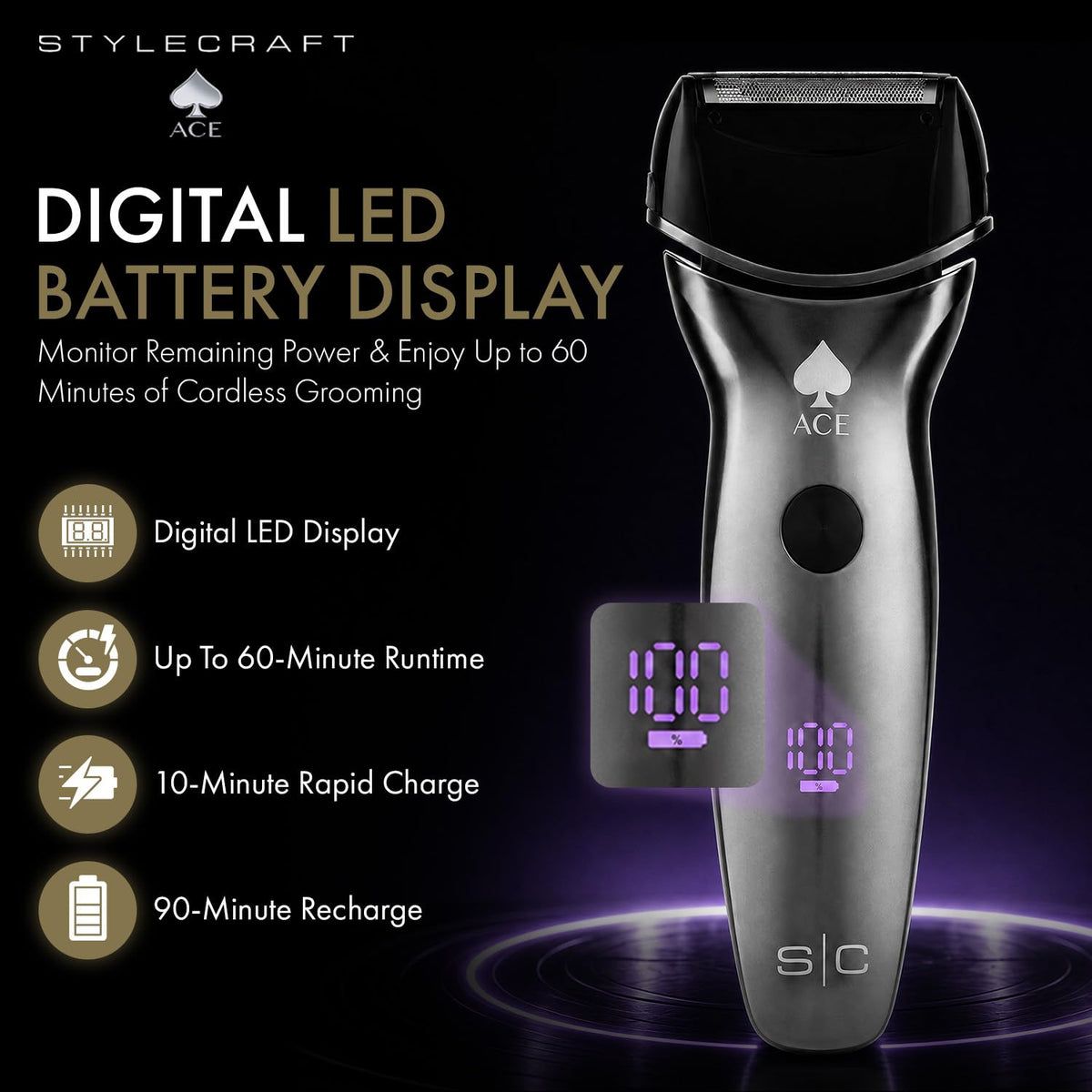 Black StyleCraft Ace Mens Electric Cordless Wet/Dry Shaver with Precision Foil Shaver, Triple Shave System with LCD Display, Smart Contour