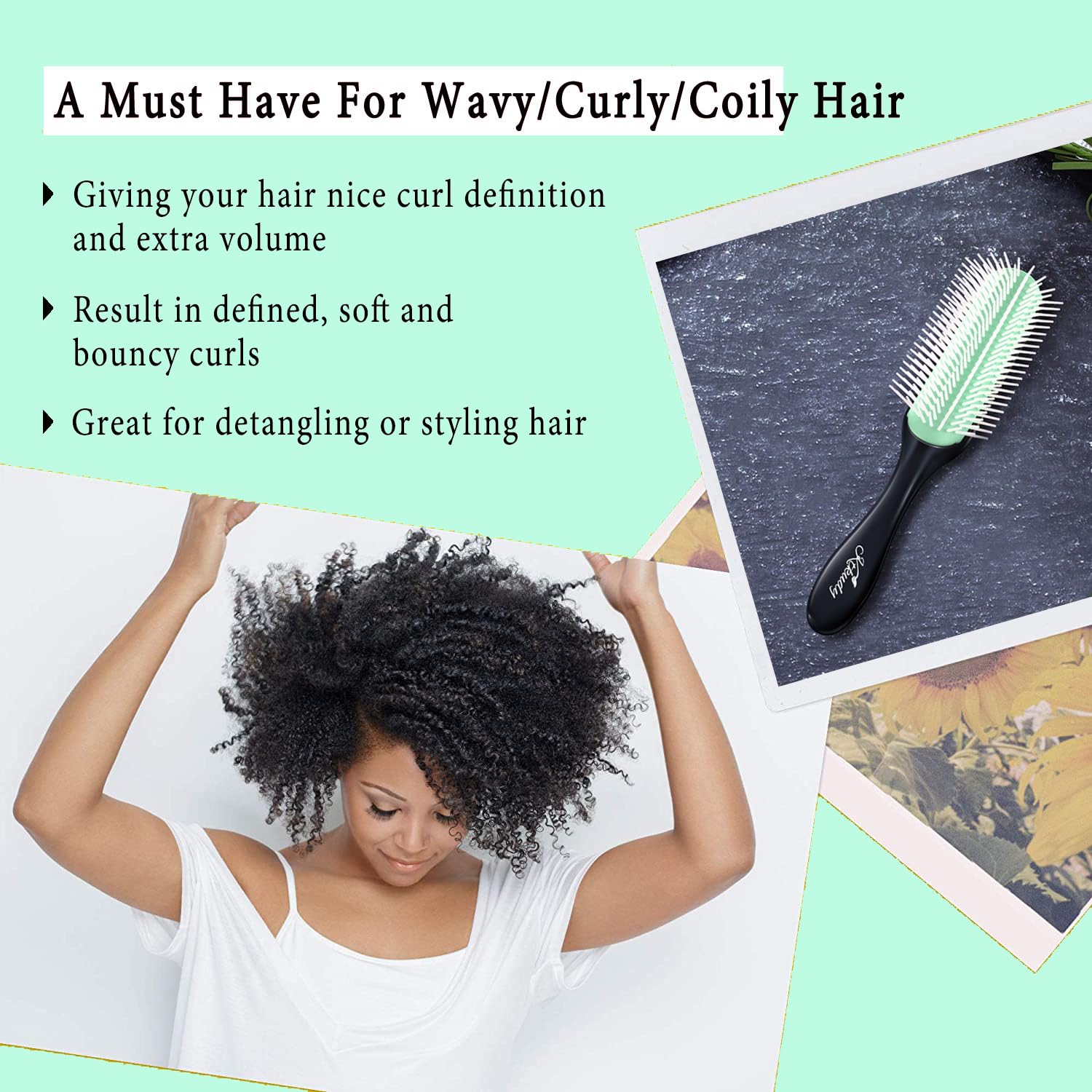 Pale Turquoise Curly Hair Brush Styling Brush 9 Row for Detangling & Defining Curls KTKUDY Hair Brush for Separating, Shaping Curls - Blow-Drying, Styling & Finishing Brush for Wavy, Curly or Coily Hair