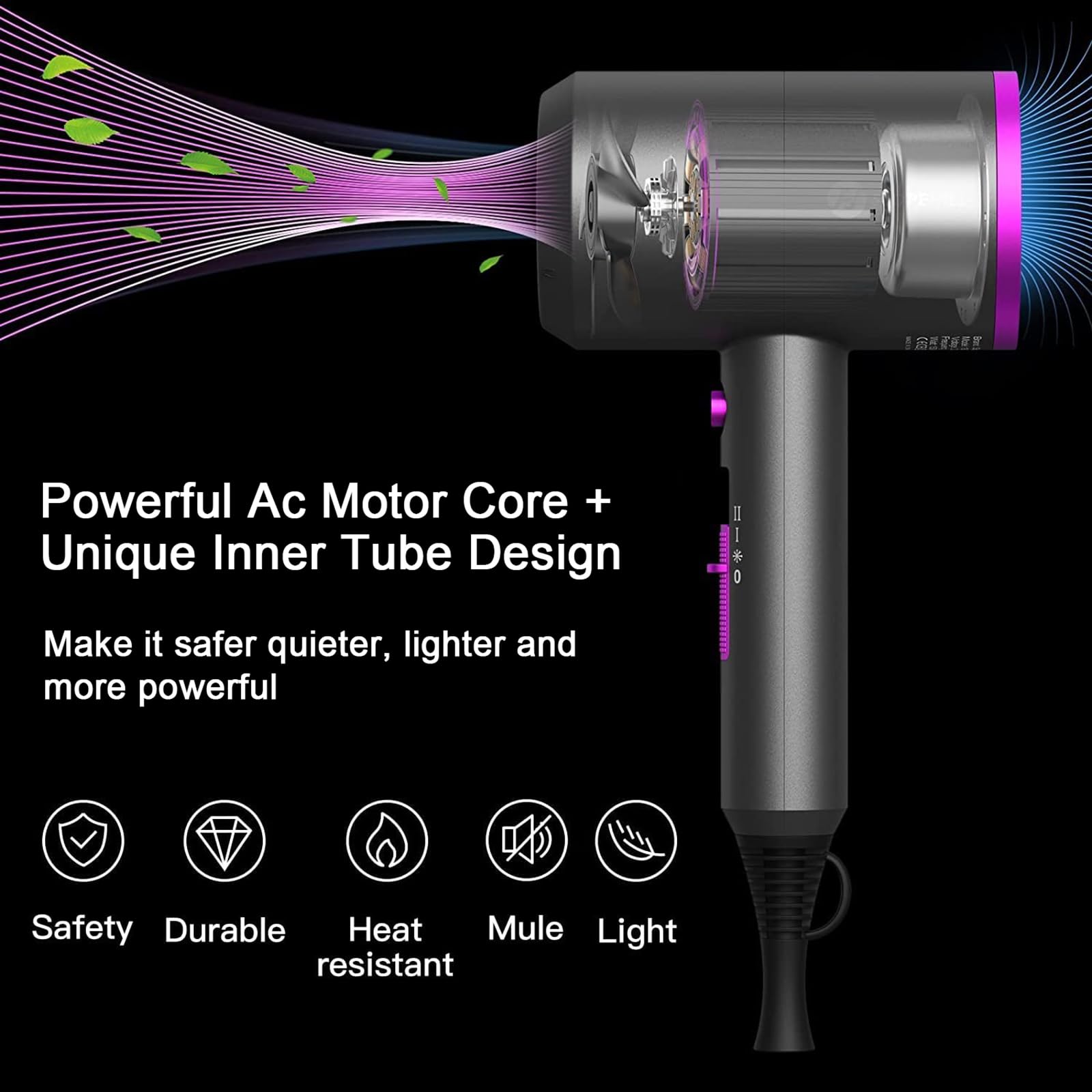 Black slopehill Professional Ionic Hair Dryer, Powerful 1800W Fast Drying Low Noise Blow Dryer with 2 Concentrator Nozzle 1 Diffuser Attachments for Home Salon Travel
