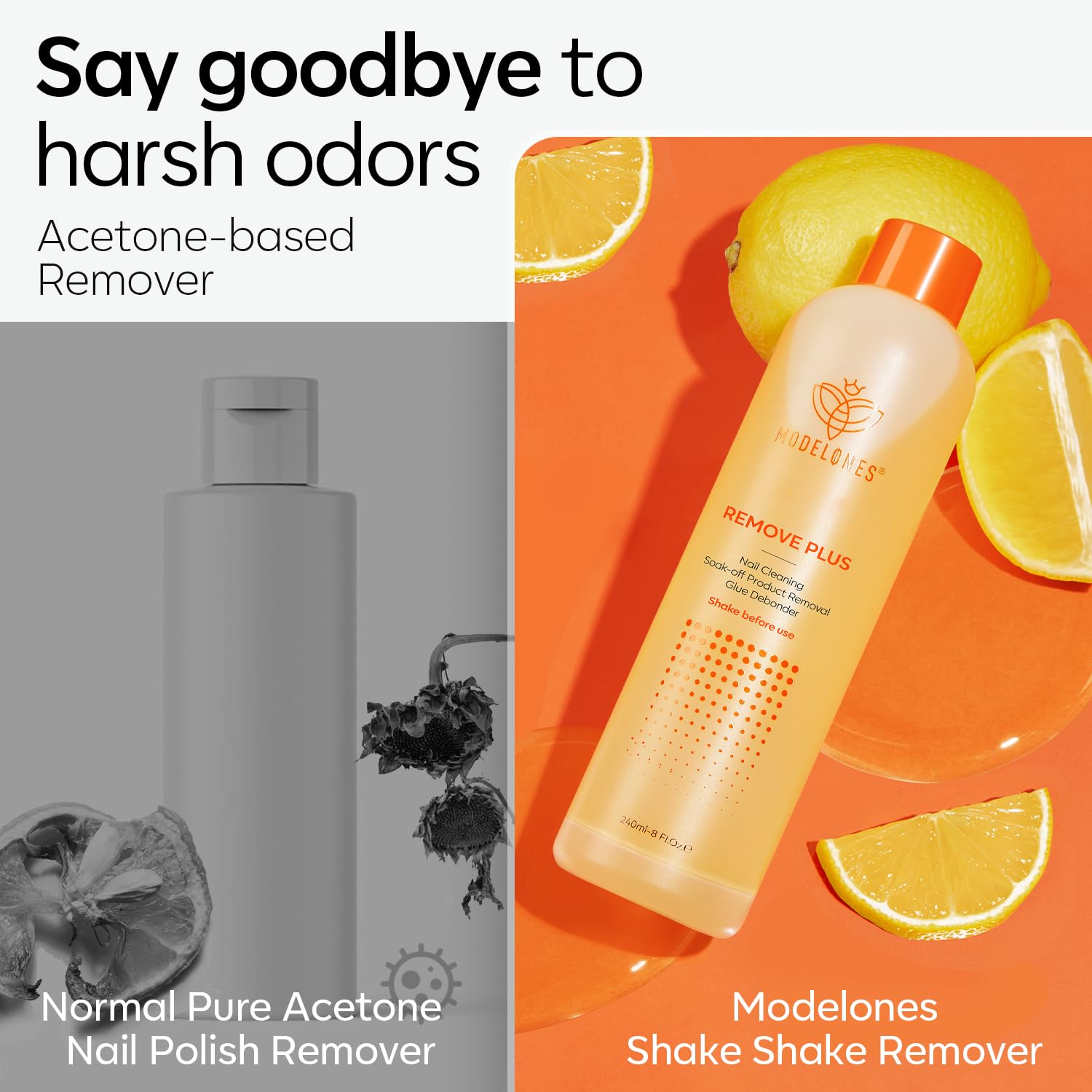 Dark Gray Modelones Acetone Nail Polish Remover, Professional Gel Polish Remover, Nail Glue Remover Natural Formula with Jojoba Oil for Nail Moisturizing & Care, Acrylic Dip Powder Remover(8 FL.Oz.), Lemon