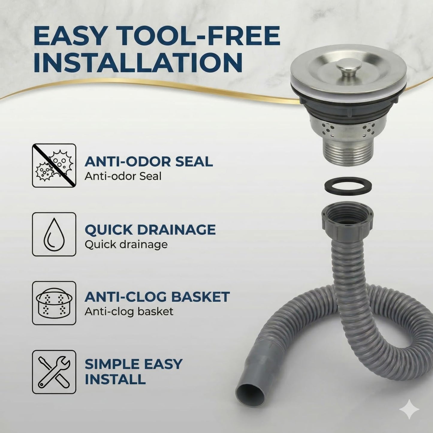 Light Gray Stainless Steel Sink Drain Strainer Assembly with Flexible Hose - Salon Shampoo Bowl Drain Kit with Deep Hair Catcher Basket & Stopper - Fits 3.1" to 3.5" Sink Openings