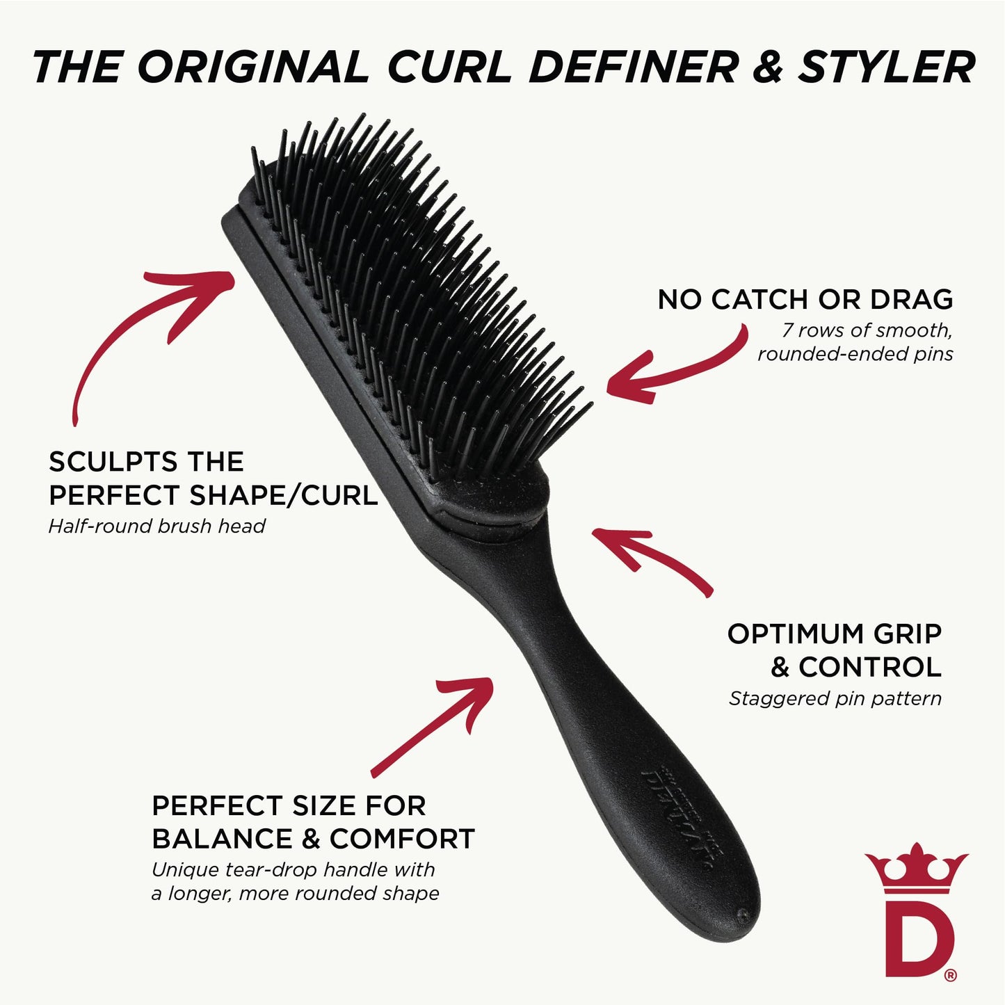 White Smoke Jack Dean by Denman Curly Hair Brush D3 (All Black) 7 Row Styling Brush for Detangling, Separating, Shaping and Defining Curls - For Women and Men