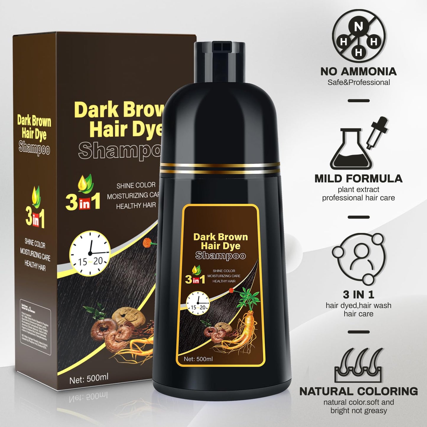 White Smoke Cosmpro Dark Brown Natural Hair Dye Shampoo 3 in 1, 16.9 Fl Oz/500 ML, Semi-Permanent Gray Hair Coverage, Unisex, Natural Ingredients,
