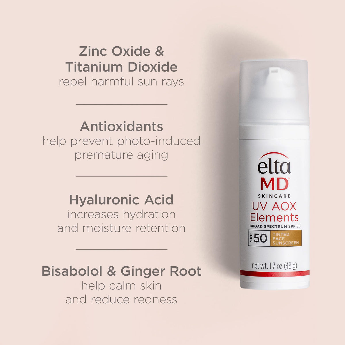 Light Gray EltaMD UV AOX Elements Tinted Face Sunscreen, SPF 50, 100% Tinted Mineral Sunscreen for Sensitive Skin and Dry Skin with Antioxidants, 1.7 oz Pump