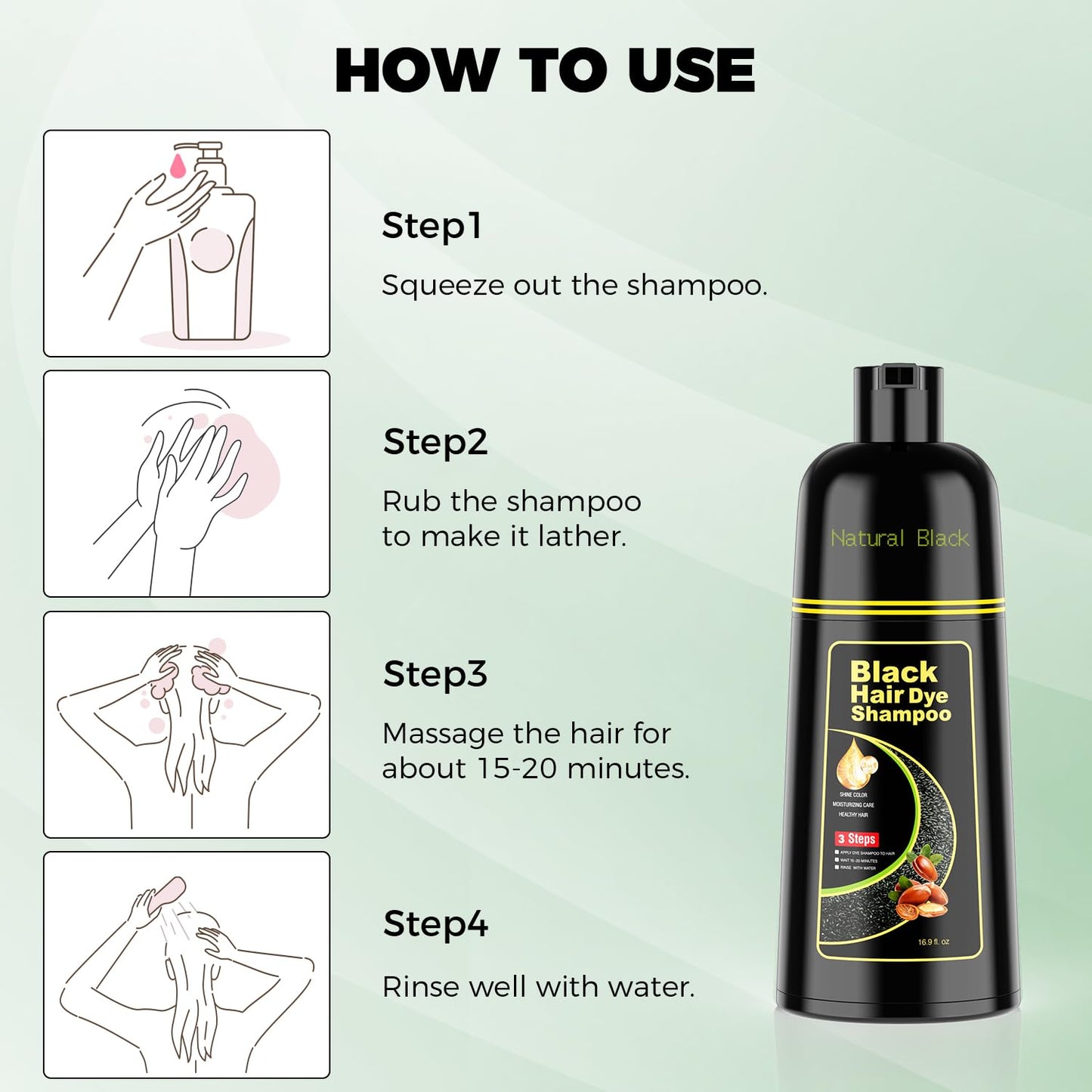 Light Gray KAISASA Black Hair Dye Shampoo 3 in 1，Argan Natural Herbal Formula Hair Color Shampoo Covers Gray Hair for Women and Men (16.9 fl.oz Black)