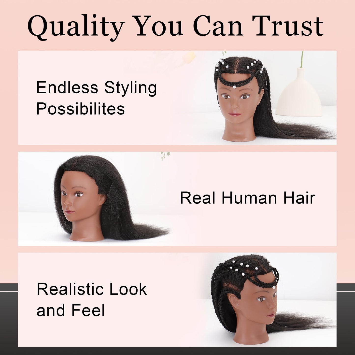 Misty Rose YODIDI Mannequin Head with 100% Human Hair, Manikin Head Human Hair Cosmetology Doll Head for Hair Styling Hairdresser Practice Braiding with Table Clamp Stand and Tools (16 inch + tripod)