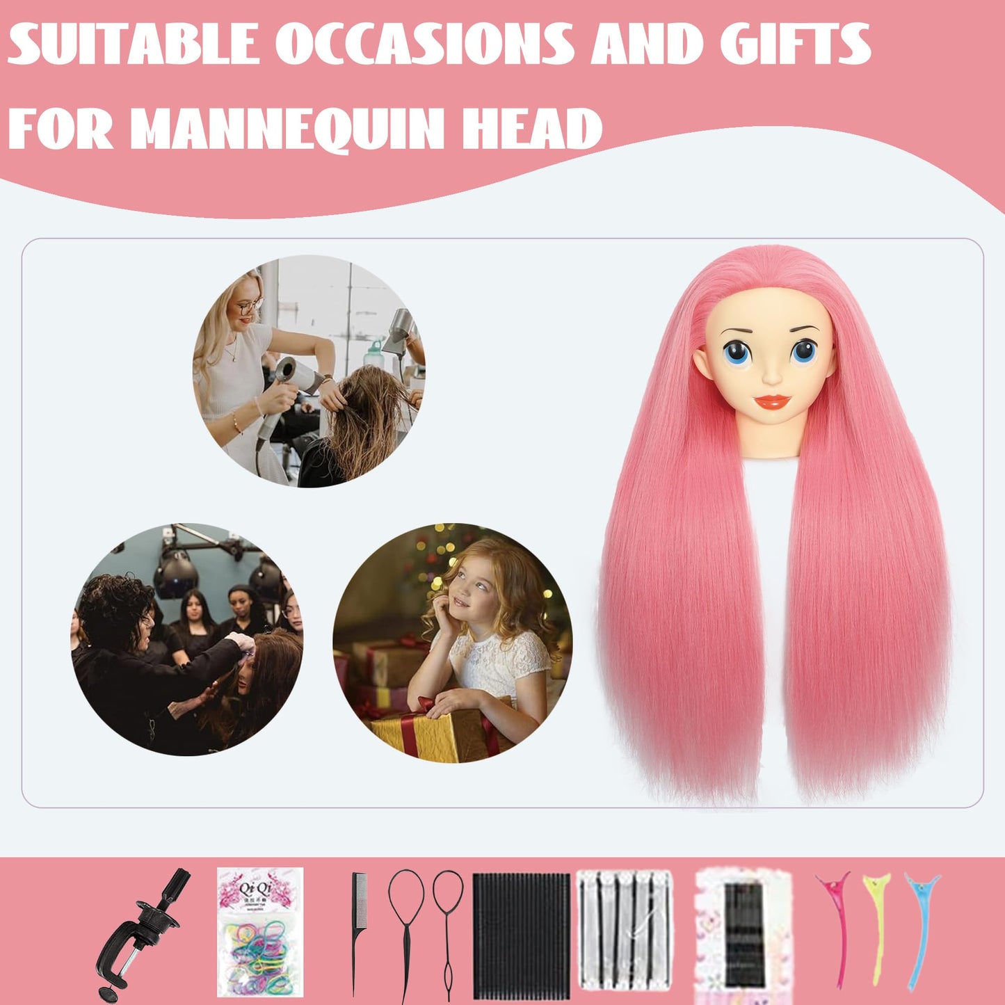 Alice Blue TKIMHEQ Mannequin Head with Hair 24'' Doll Head for Hair Styling Training Head Manikin Practice Cosmetology Doll Head Styling Hairdressing Training Braiding Heads with Clamp Holder (Dark Pink)